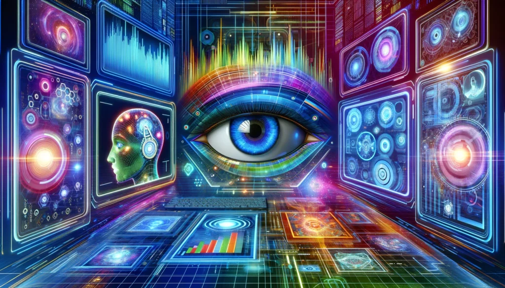 Futuristic depiction of AI and machine perception with robotic eyes, 3D model visualizations, and cognitive AI symbols