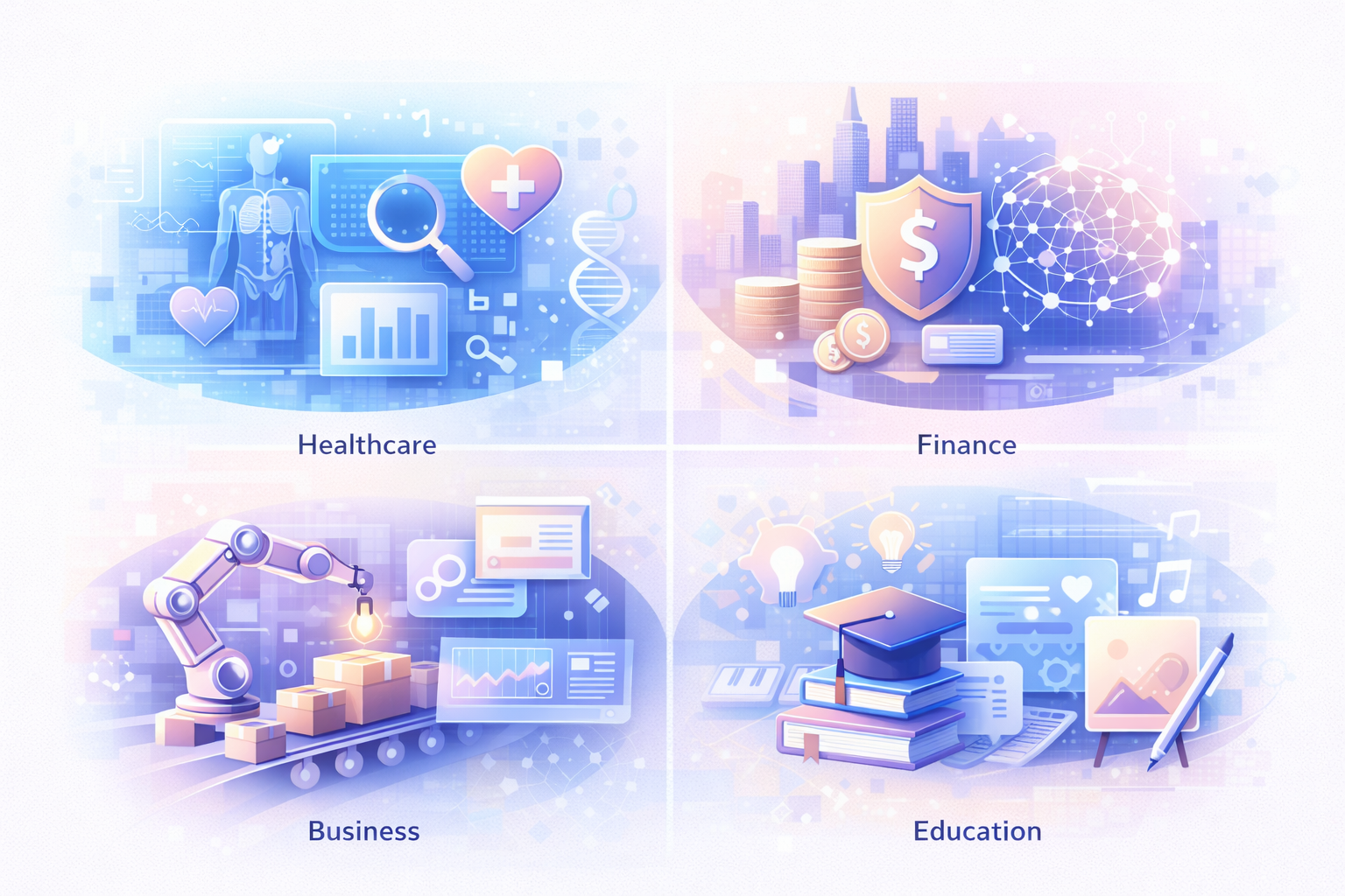 Examples of artificial intelligence applications in healthcare, finance, education, and business
