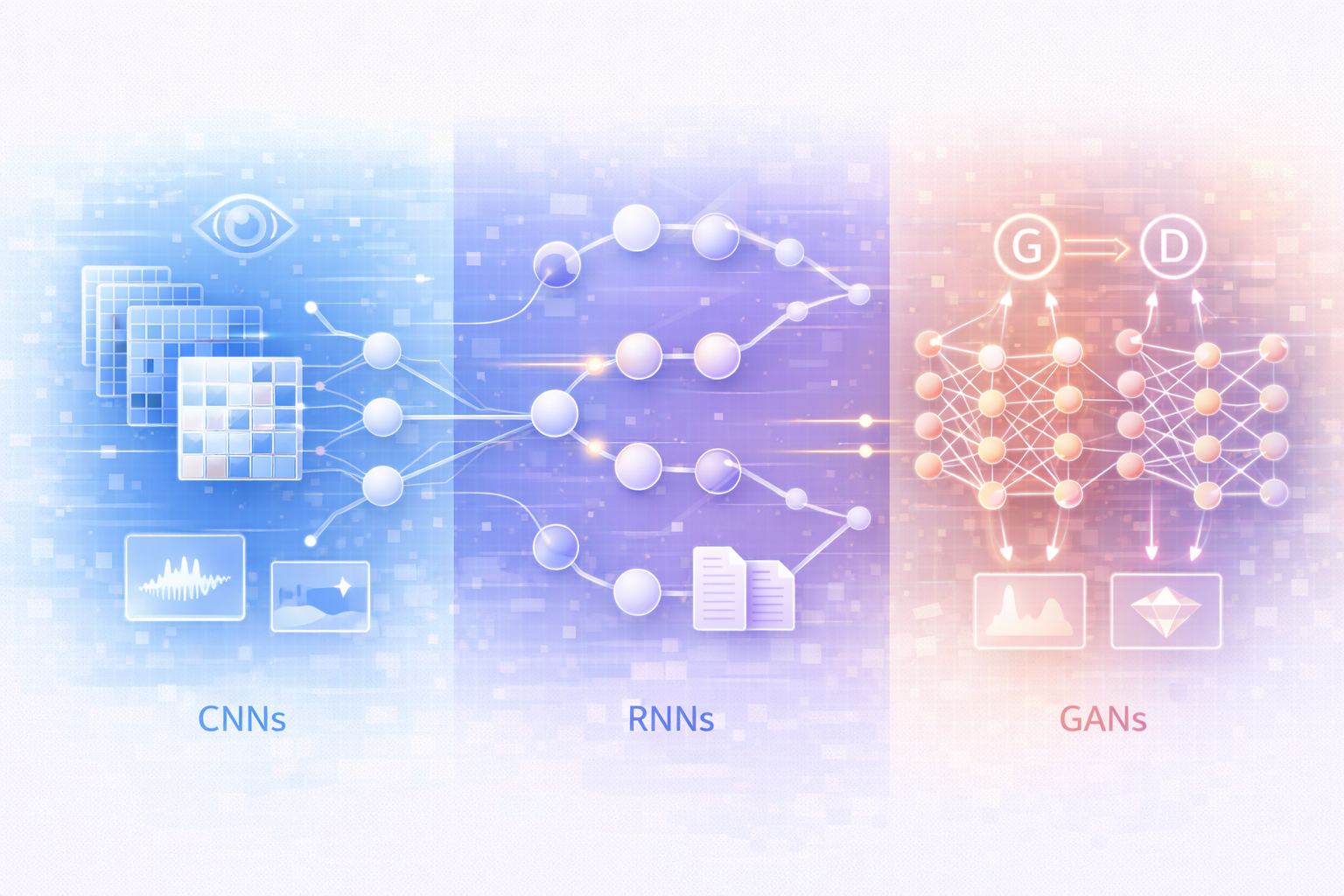 Different types of neural networks, including CNNs, RNNs, and GANs