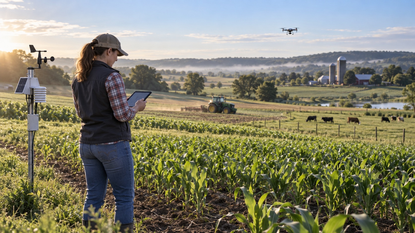 Farmer reviewing crop data beside a field sensor, with a drone, tractor, and livestock across a working farm.
