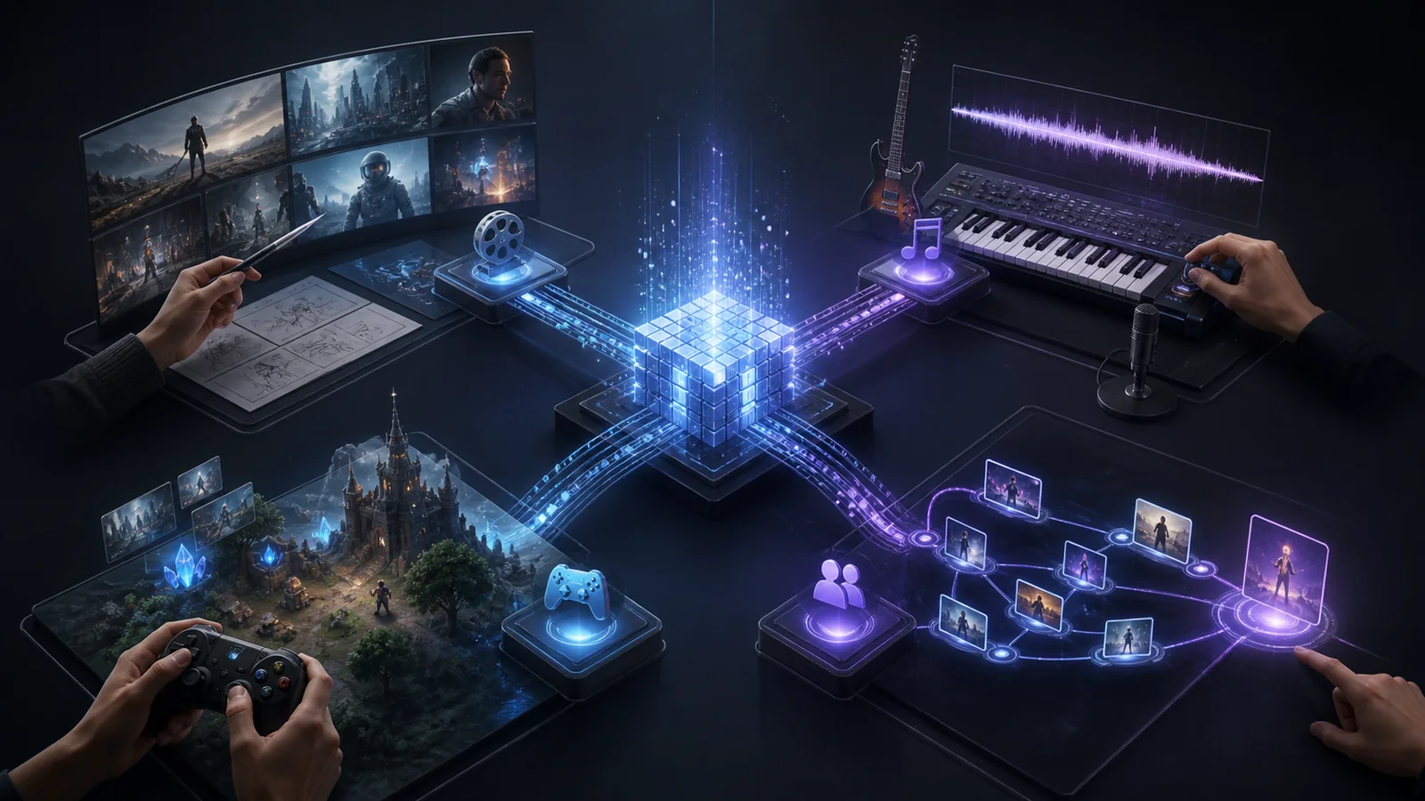 AI connects human-led film, music, gaming, and recommendation workflows in entertainment.