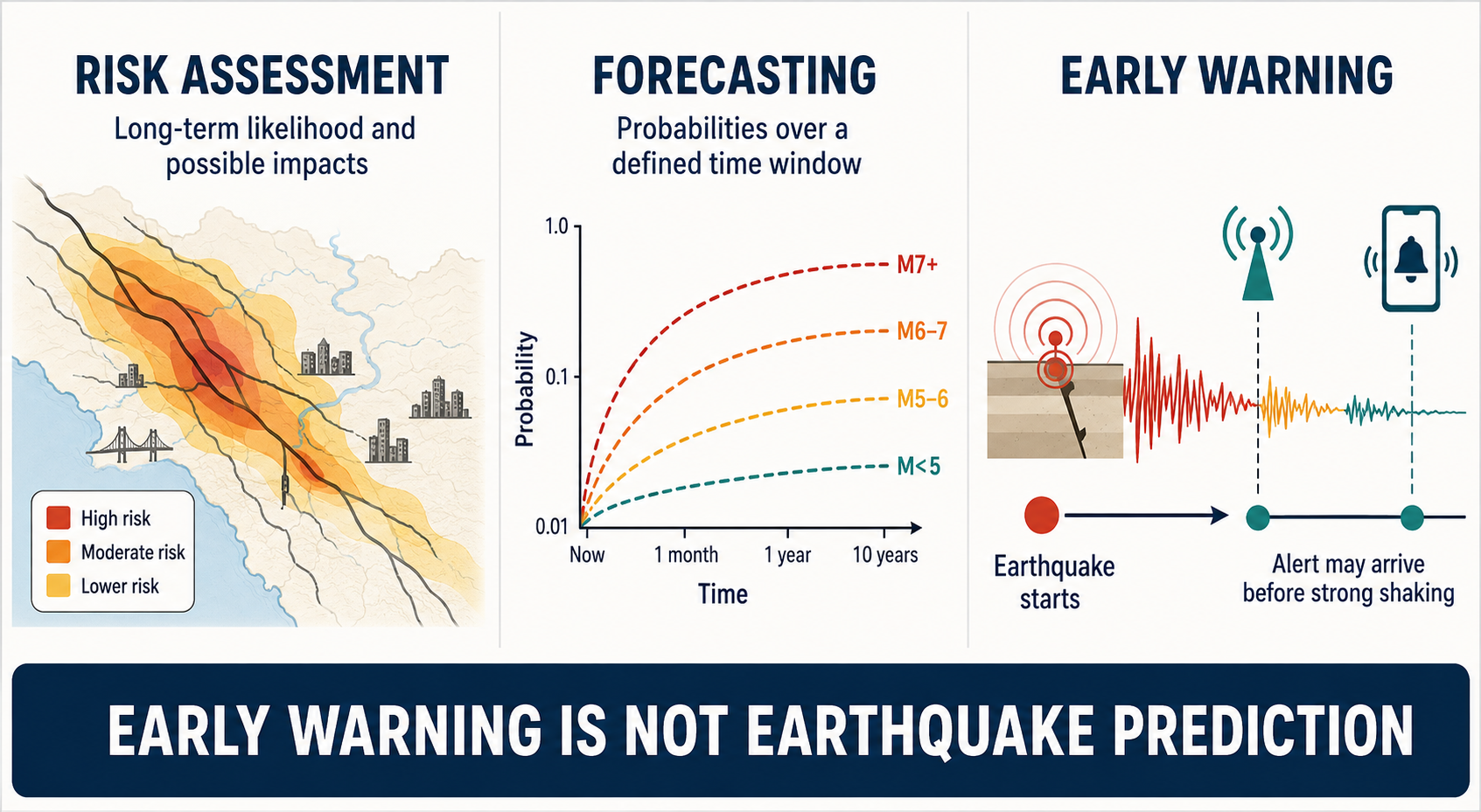 Earthquake risk assessment, forecasting and early warning compared; early warning begins after an earthquake starts