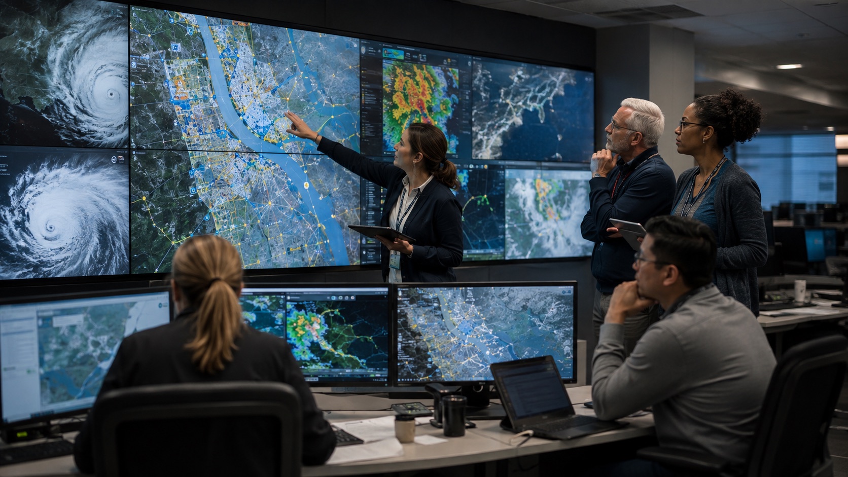 Emergency managers review satellite imagery and hazard maps in an operations center