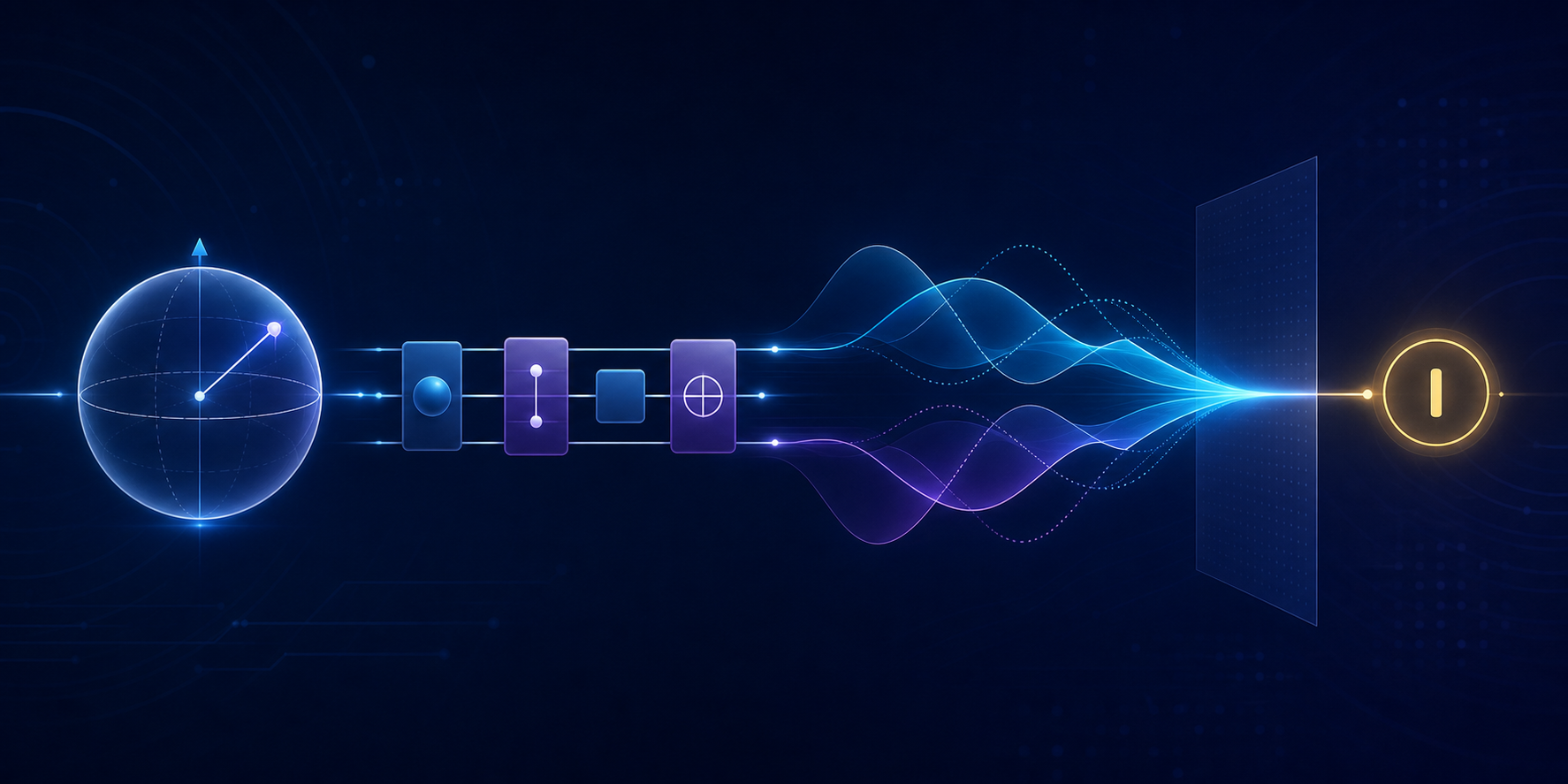 Quantum computation flow from a qubit state through quantum gates and interference to a classical measurement result