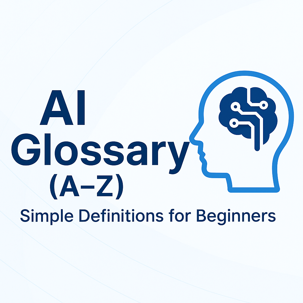 Tech-style featured image with an AI icon and blue gradient background representing the A–Z Artificial Intelligence Glossary for beginners.