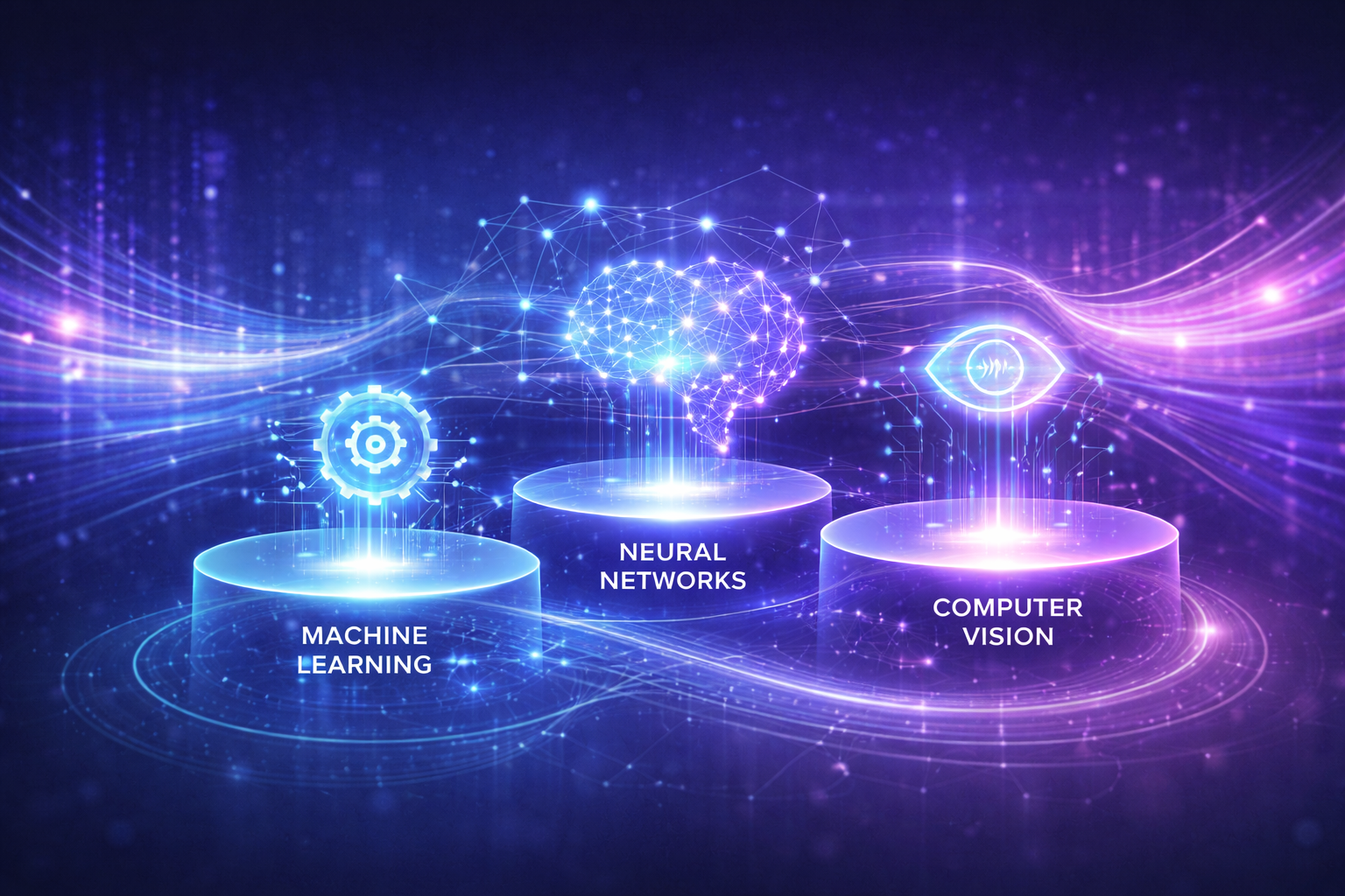 Modern visualization of artificial intelligence technologies including machine learning, neural networks, NLP, and computer vision
