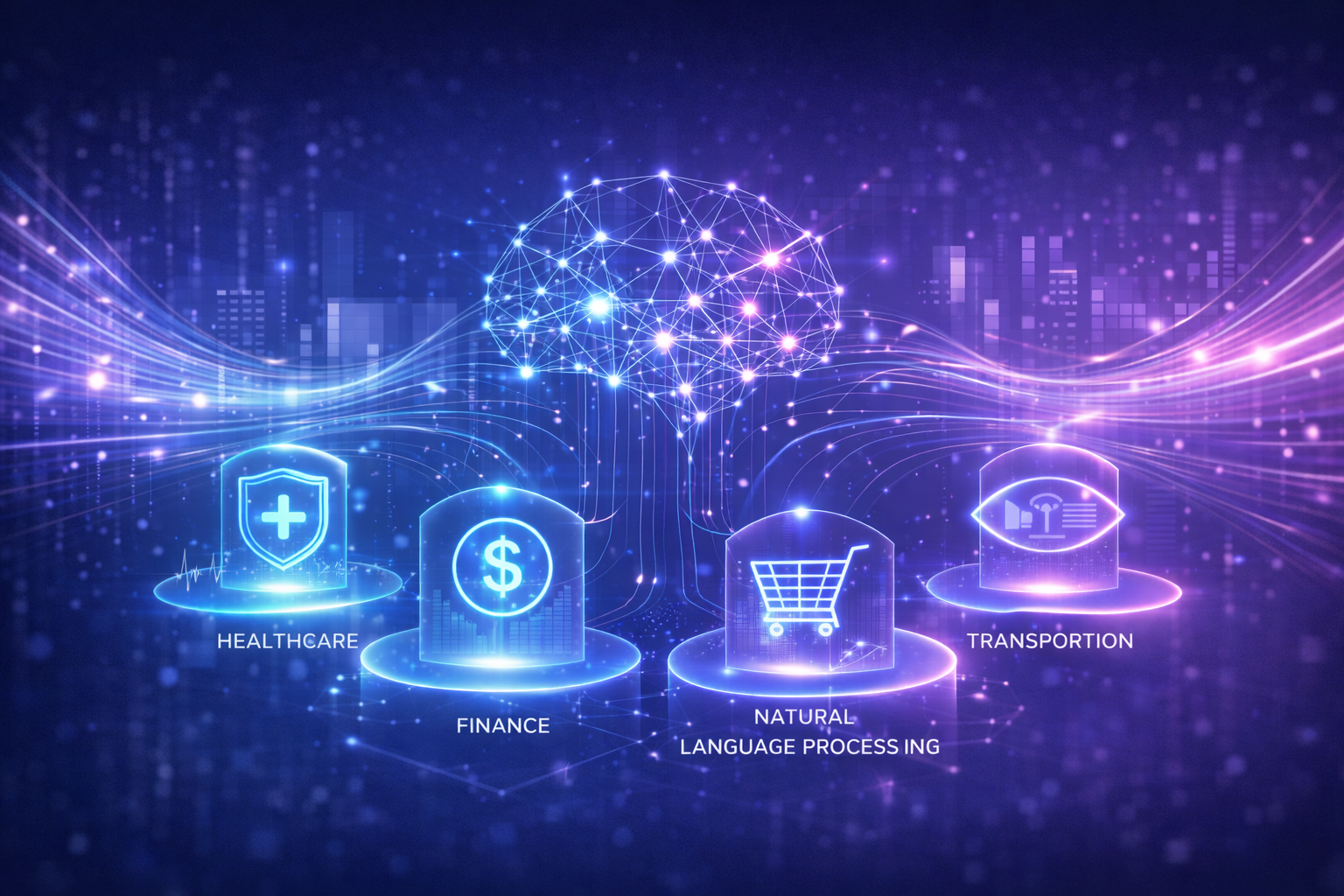Cinematic illustration showing artificial intelligence applications in healthcare, finance, retail, and transportation