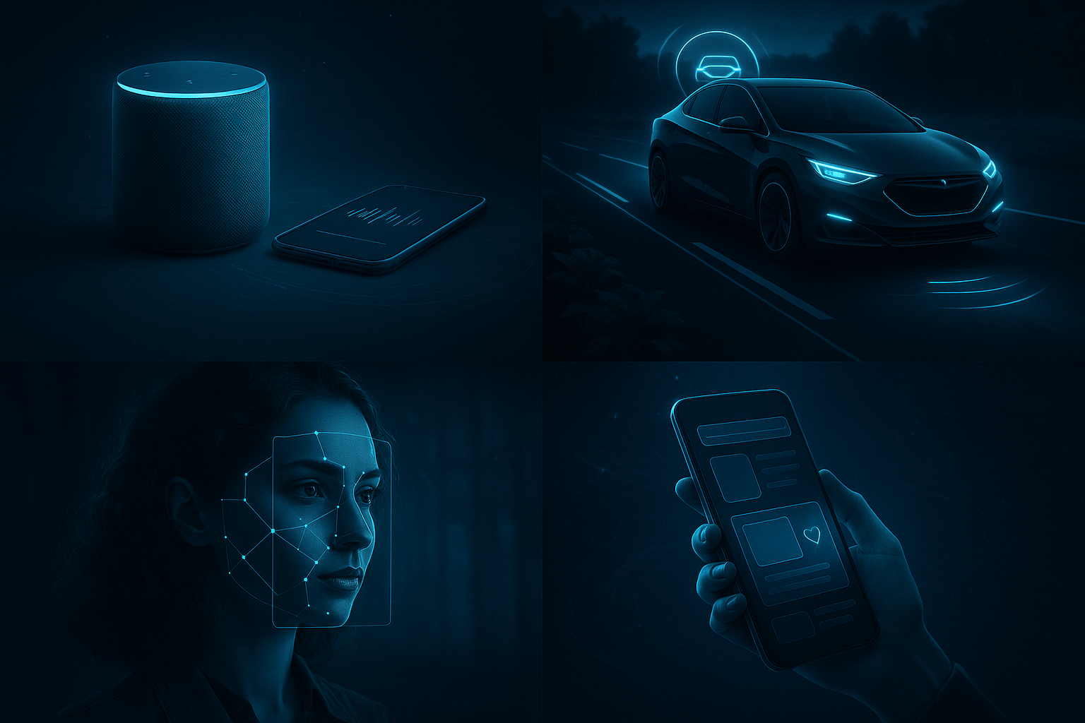 Collage of everyday AI examples like face unlock, navigation, recommendations, and fraud detection.