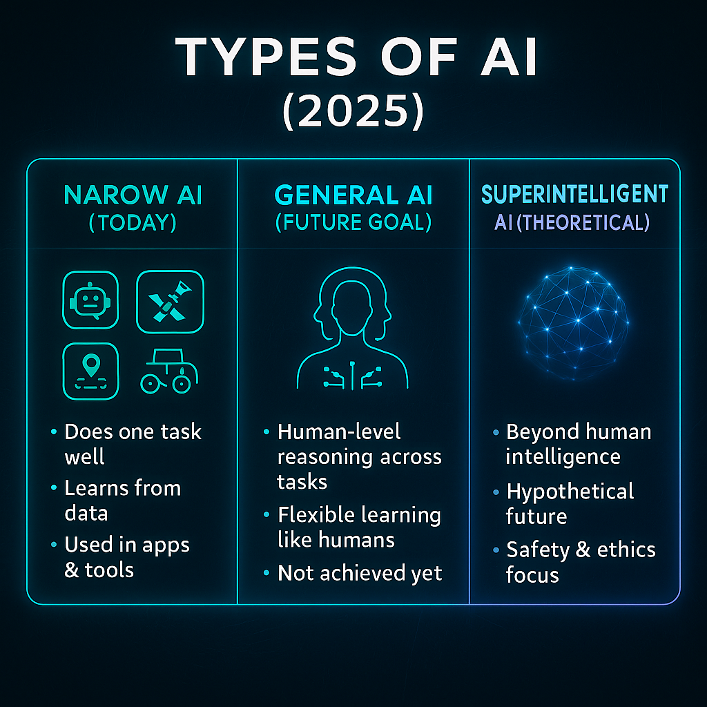 Infographic comparing narrow AI, general AI, and superintelligent AI.