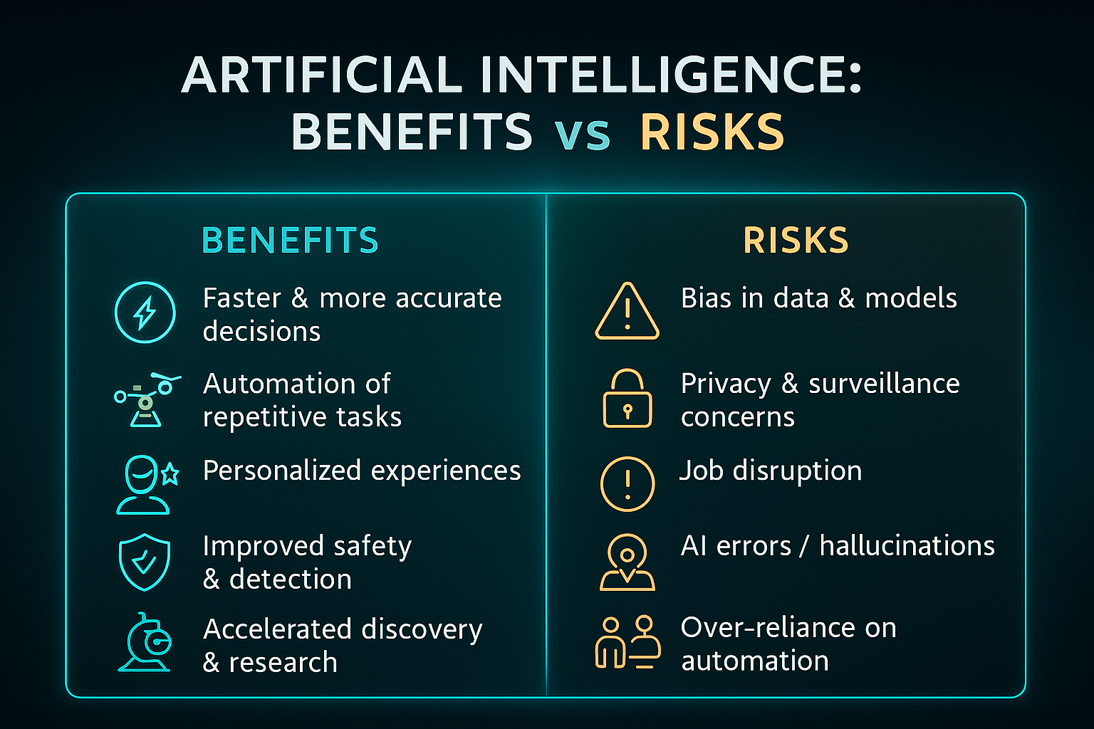 Infographic summarizing the main benefits and risks of artificial intelligence.