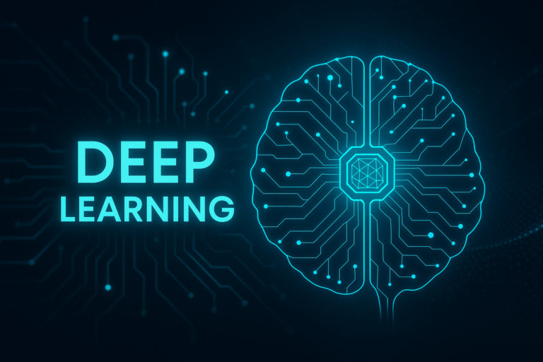 Futuristic hero image showing a multi-layer neural network representing deep learning.