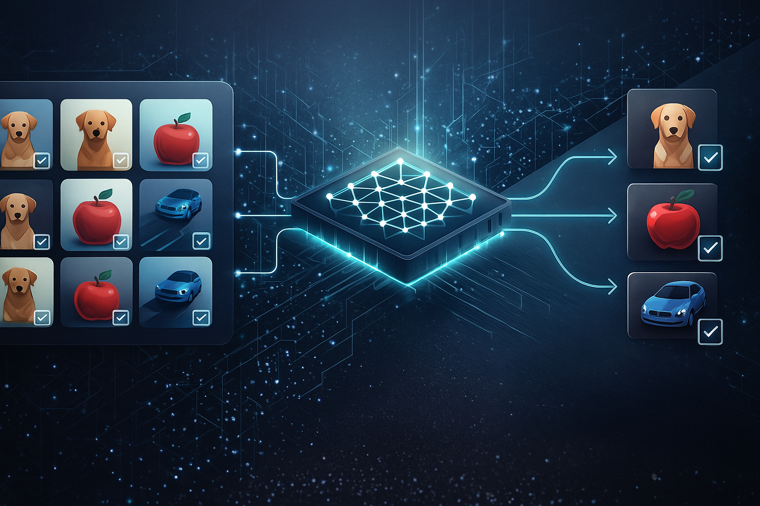 Simple visual of deep neural network layers learning patterns from inputs.