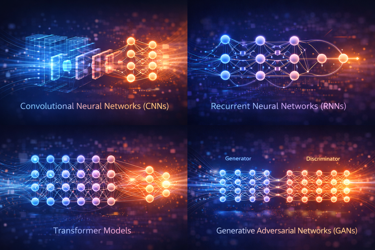 Illustration showing different deep learning architectures such as CNNs, RNNs, transformers, and GANs