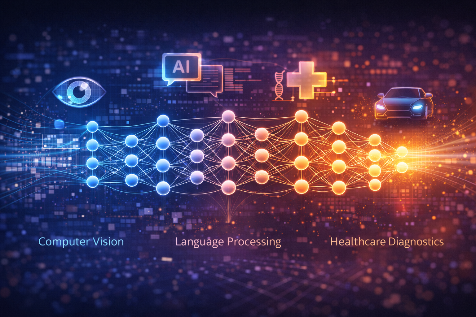Illustration showing real-world applications of deep learning in vision, language, healthcare, and automation