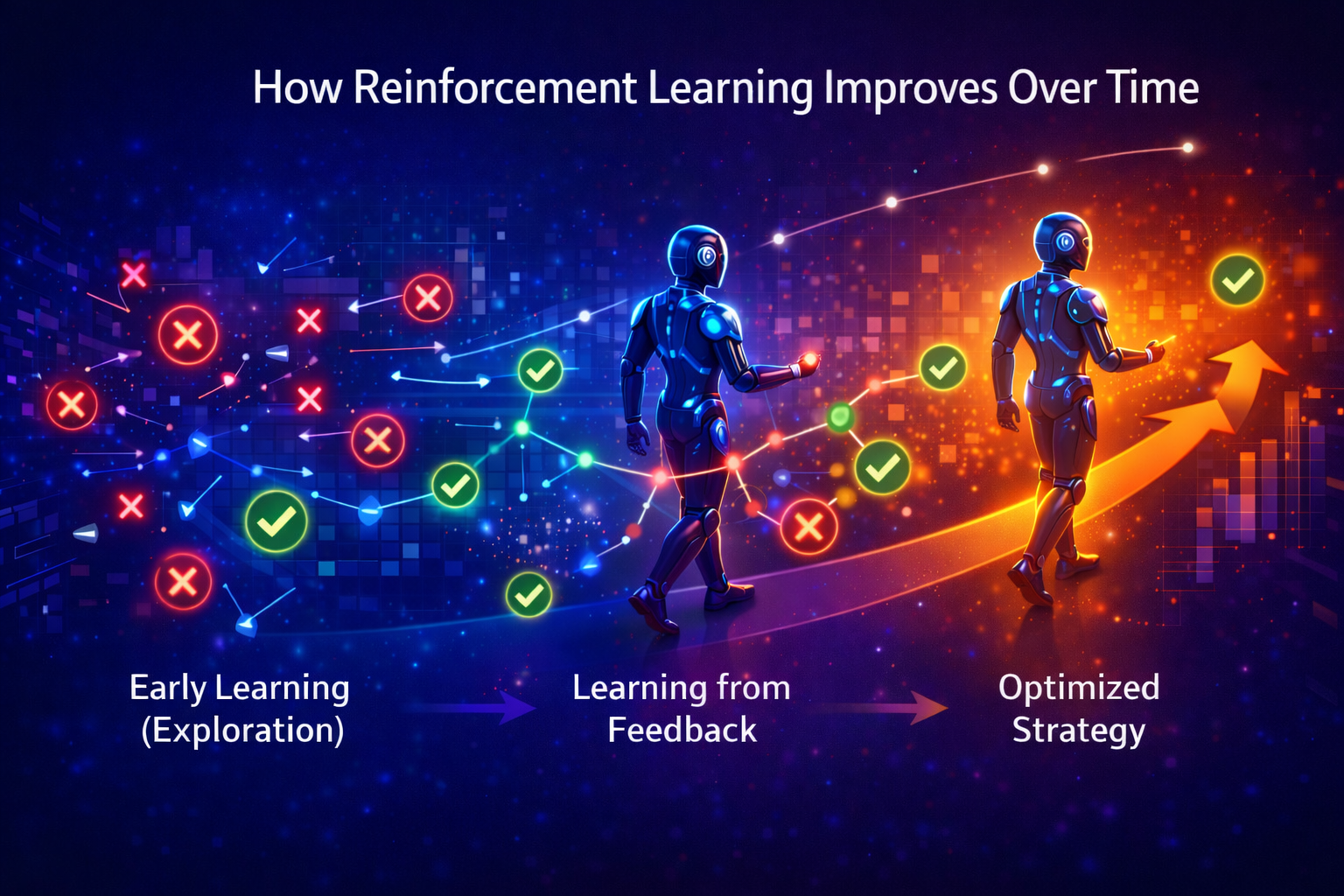 Step-by-step diagram explaining how reinforcement learning works through actions and rewards