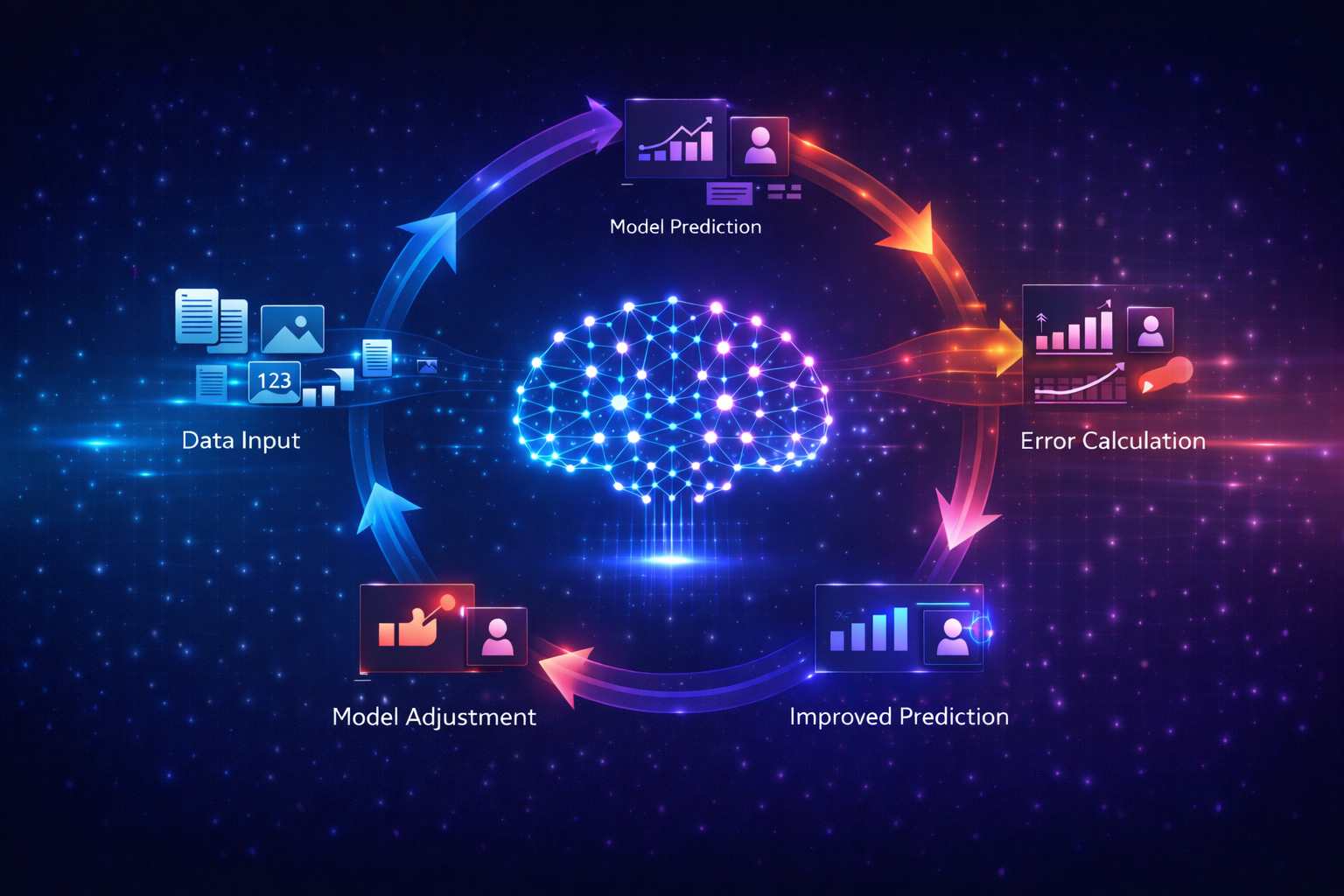 Machine learning training loop showing model learning from errors and improving over time