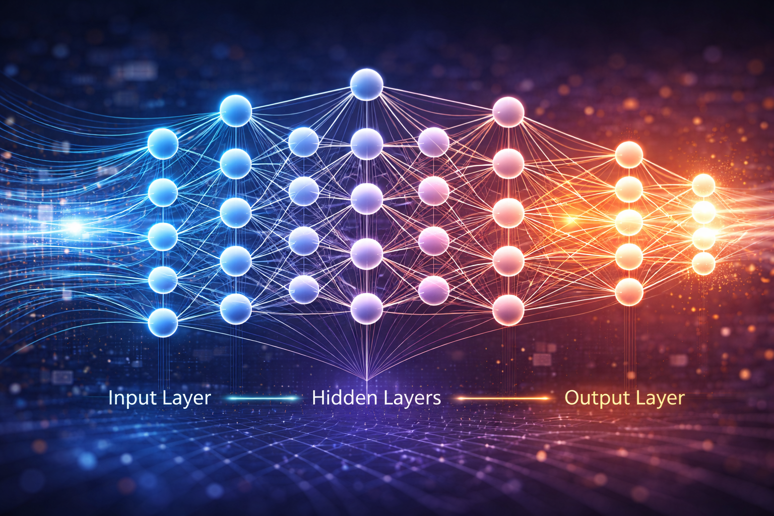Close-up illustration of neural network layers including input, hidden, and output layers