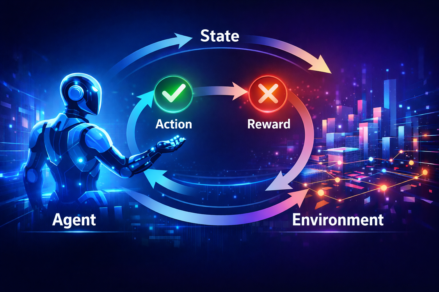 Diagram showing how a reinforcement learning agent interacts with an environment using actions and rewards