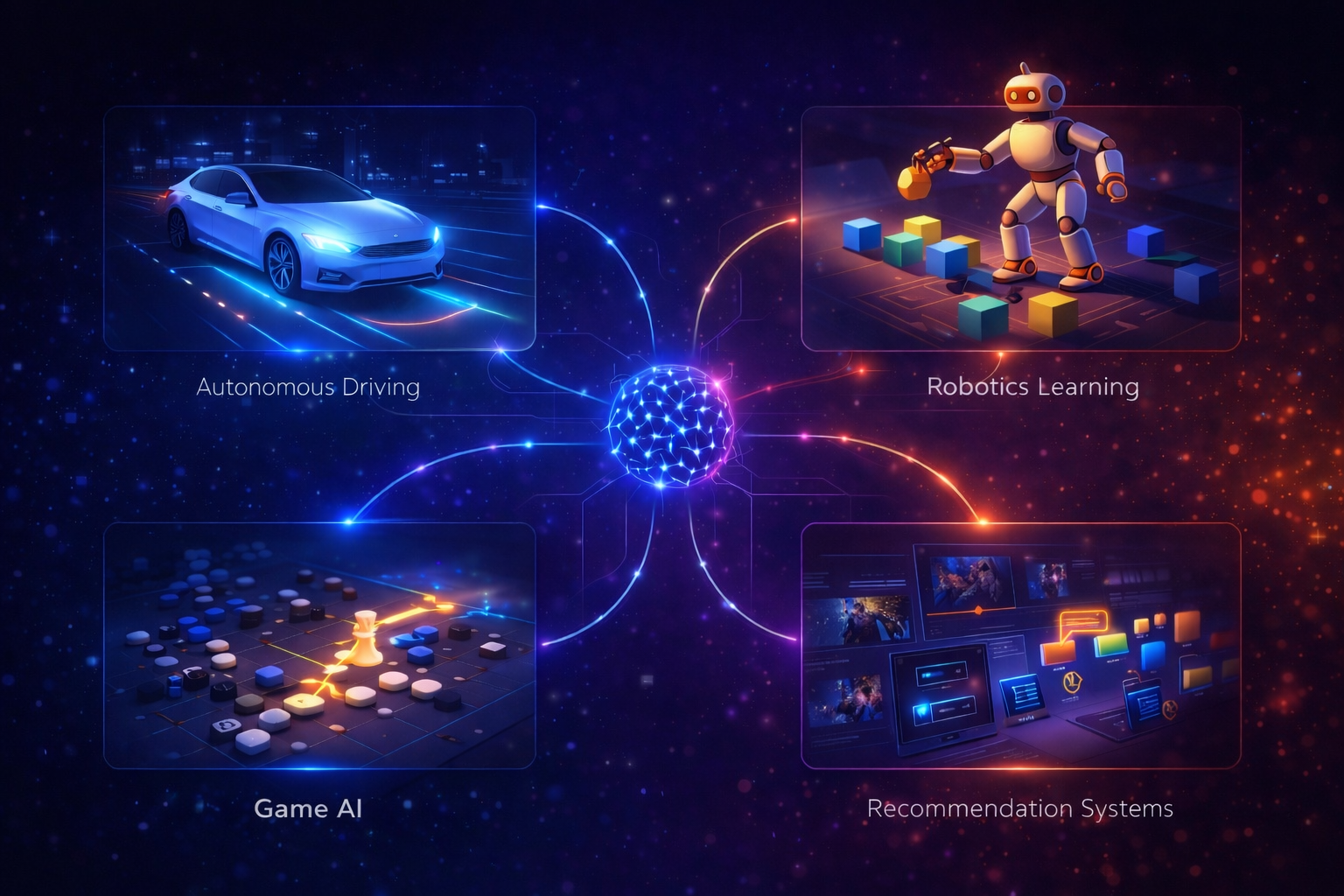 Examples of reinforcement learning applications including robotics, gaming, and self-driving cars