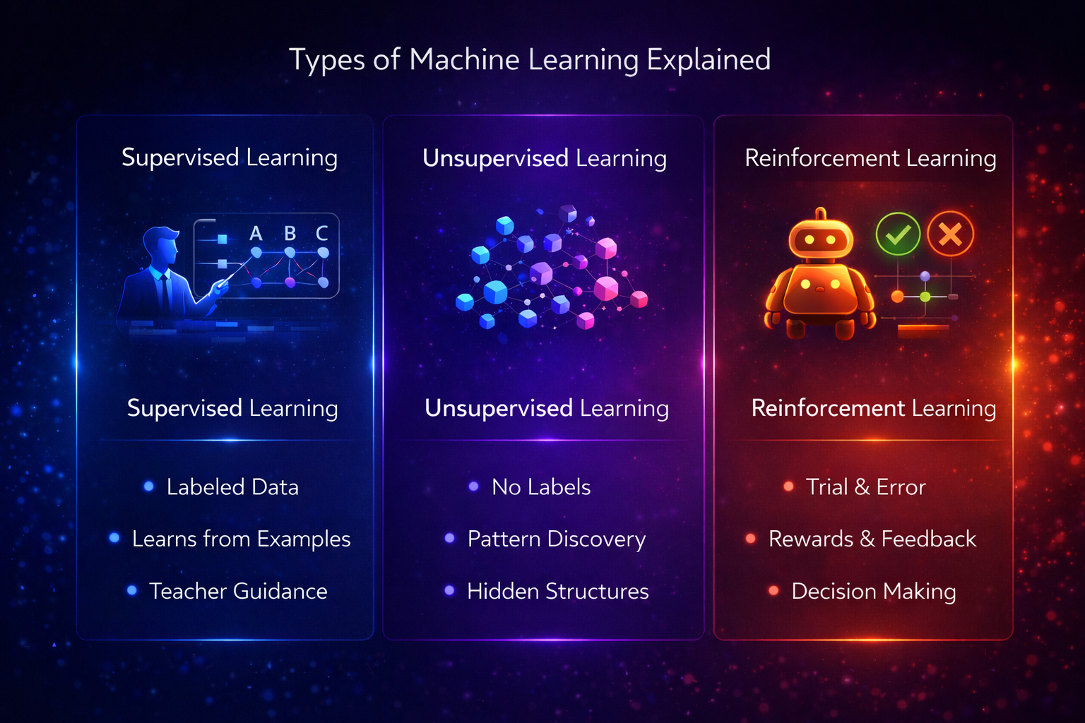 Comparison chart of reinforcement learning, supervised learning, and unsupervised learning