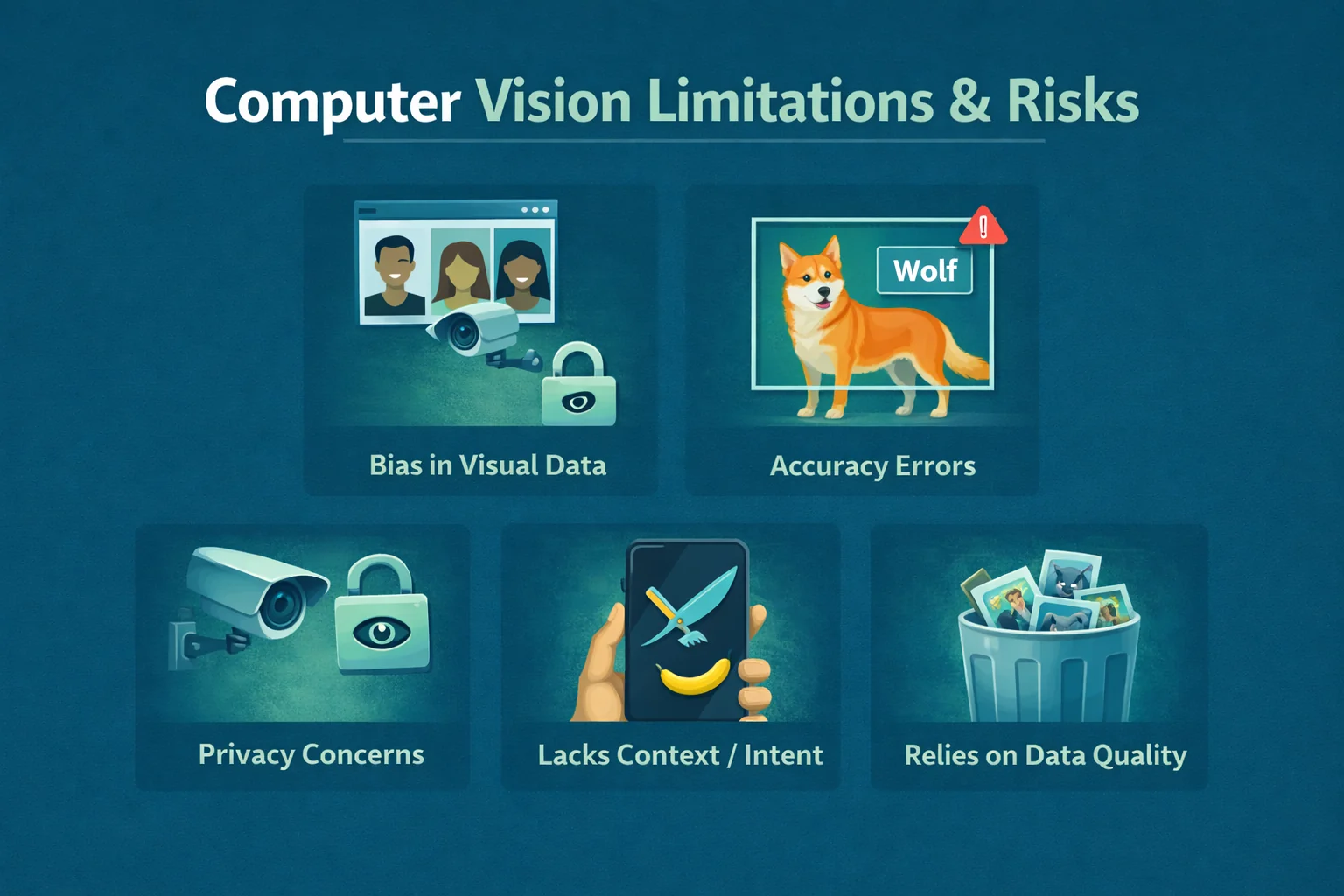 Limitations and risks of computer vision including bias, errors, and privacy concerns
