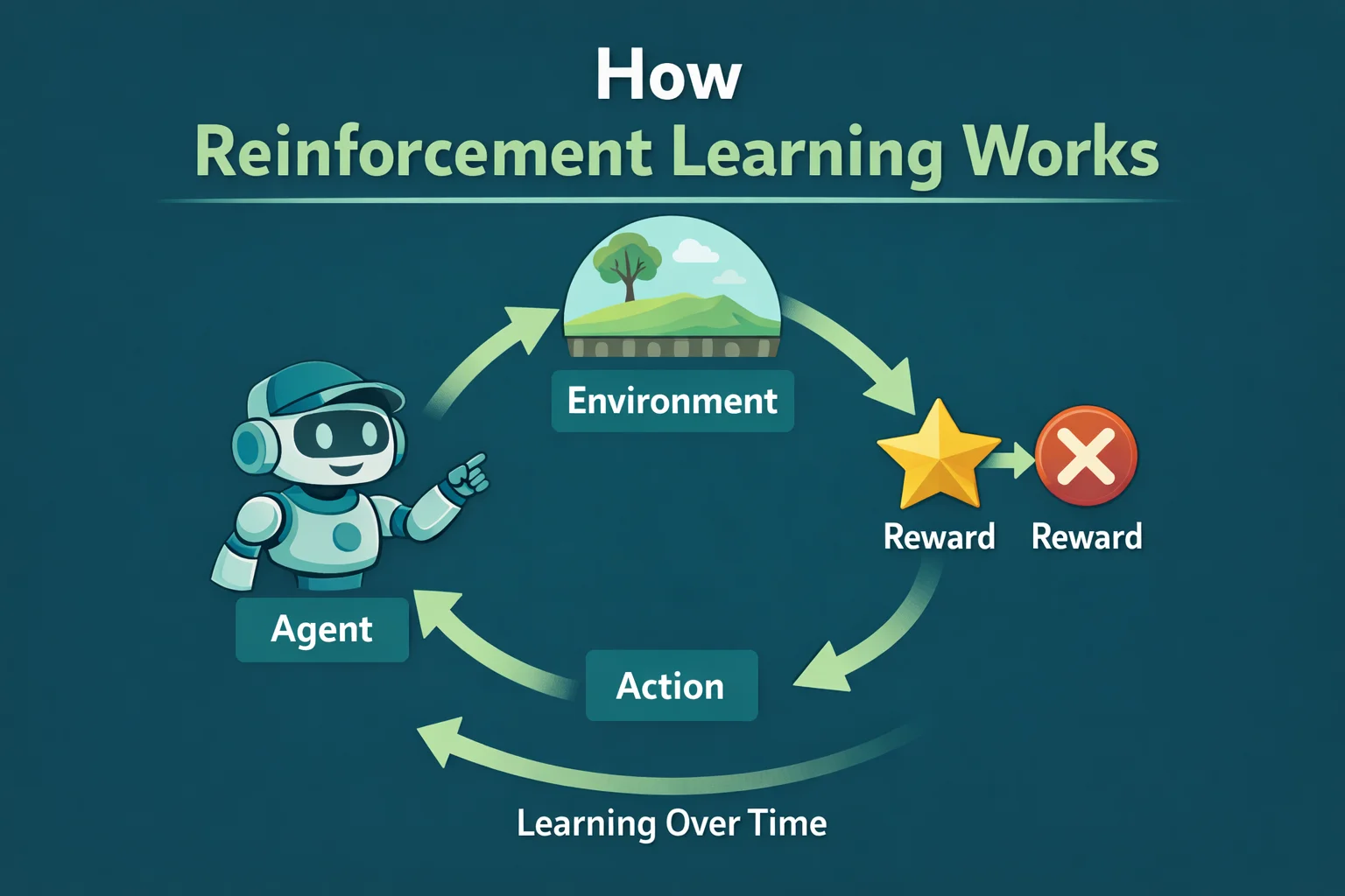 How reinforcement learning works step by step with agent, environment, actions, and rewards
