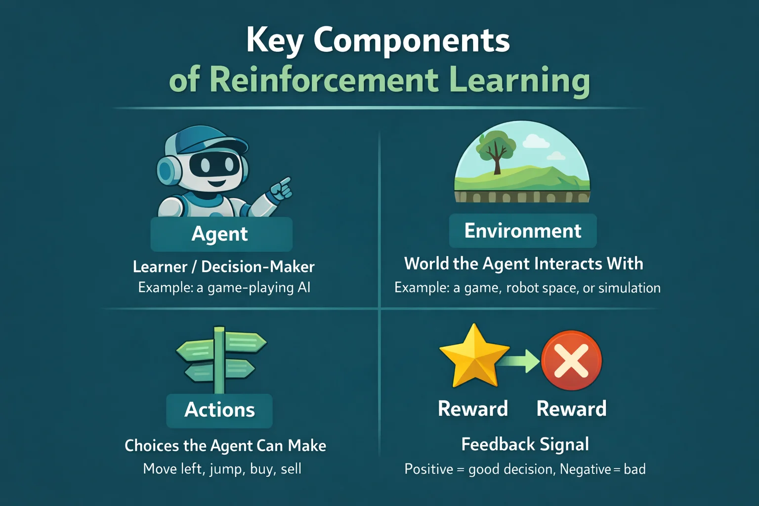 Key components of reinforcement learning including agent, environment, actions, and reward
