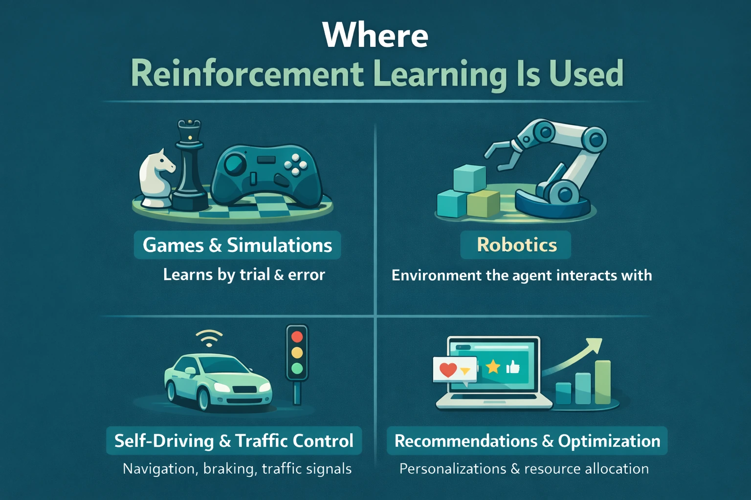 Real-world applications of reinforcement learning in games, robotics, self-driving cars, and recommendations