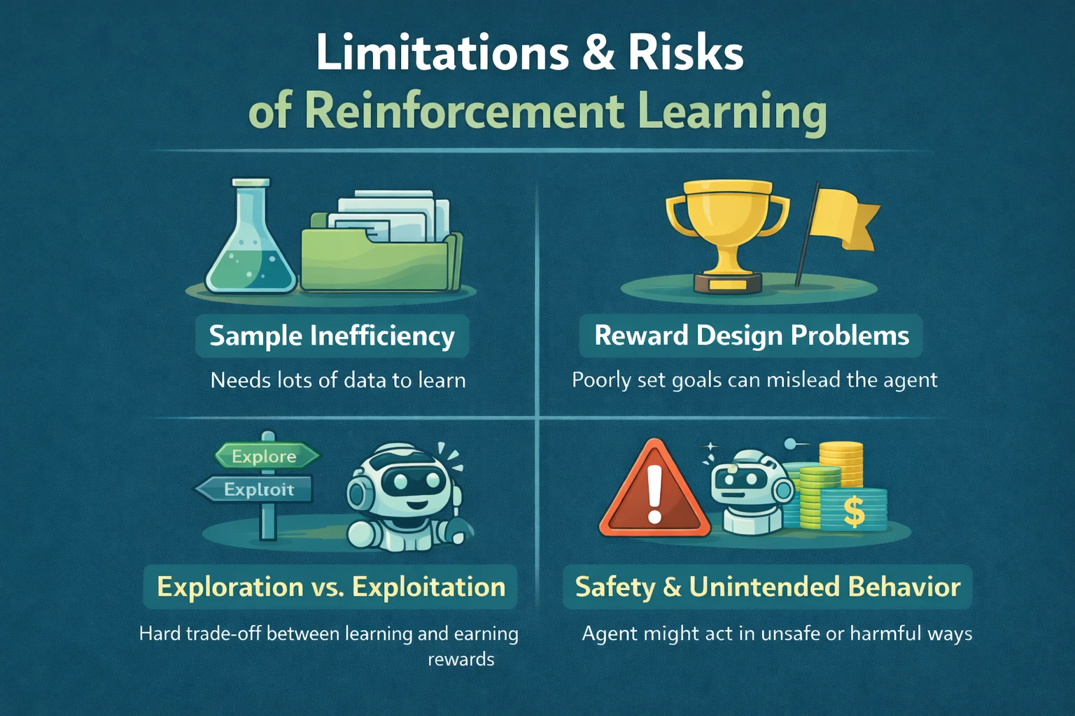 Limitations and risks of reinforcement learning including sample inefficiency, safety, and reward design problems
