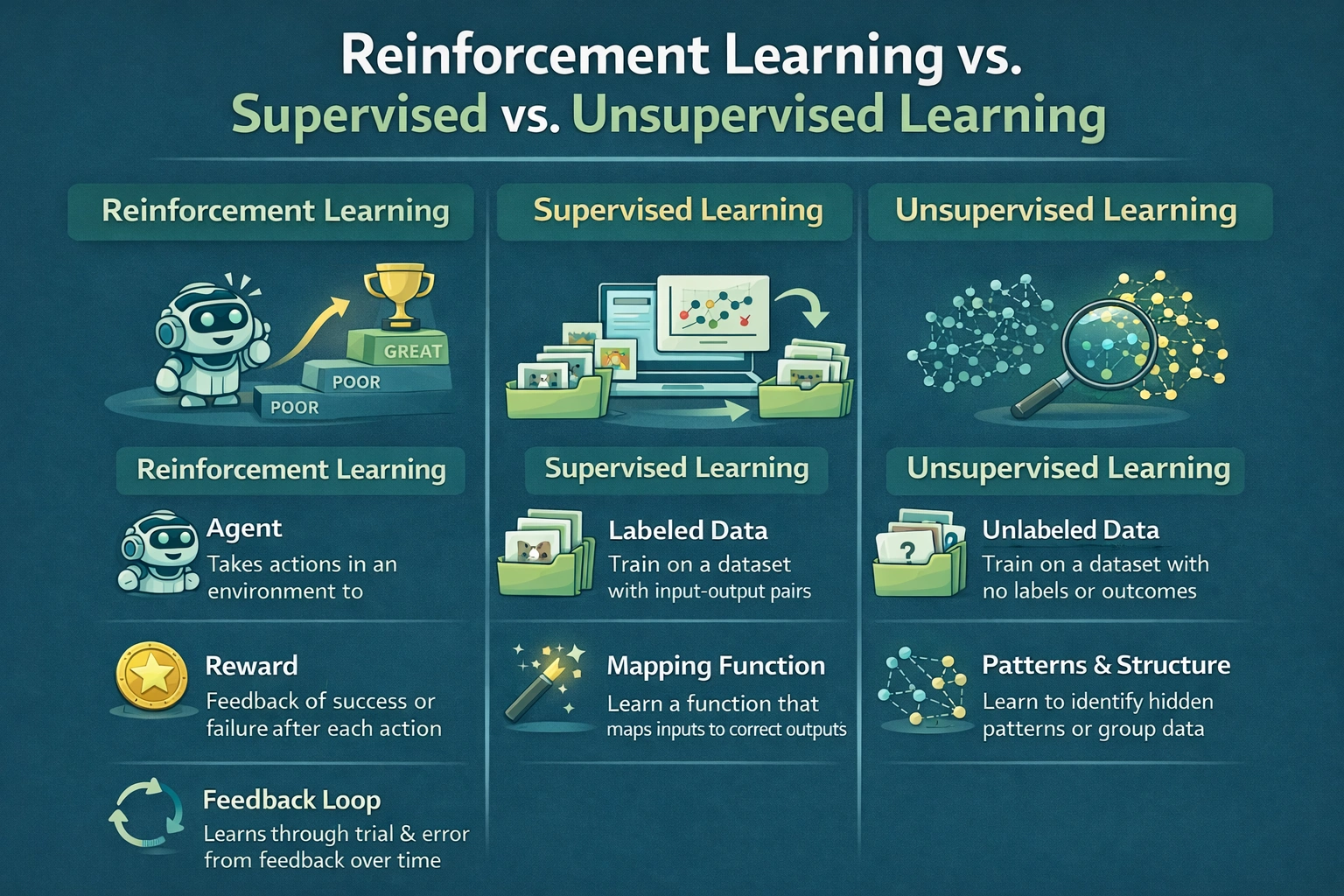 Comparison of reinforcement learning vs supervised learning vs unsupervised learning
