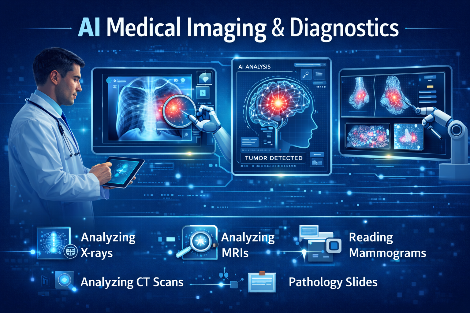 AI analyzing medical images such as X-rays and MRIs to assist doctors with diagnosis

