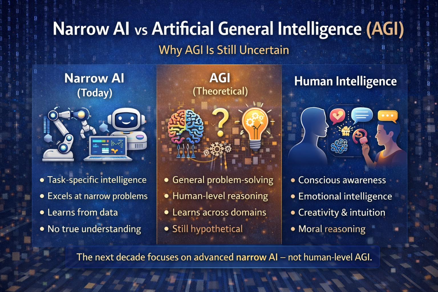 Comparison between narrow AI, advanced narrow AI, and artificial general intelligence
