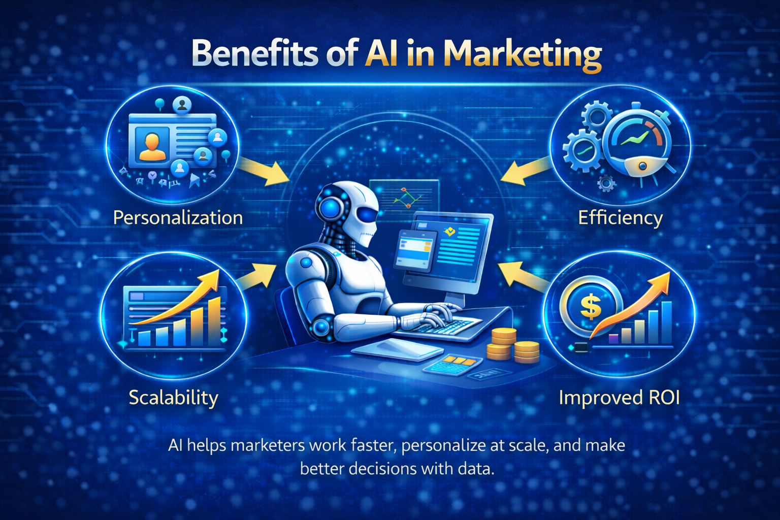 Key benefits of AI in marketing such as personalization, efficiency, scalability, and improved ROI