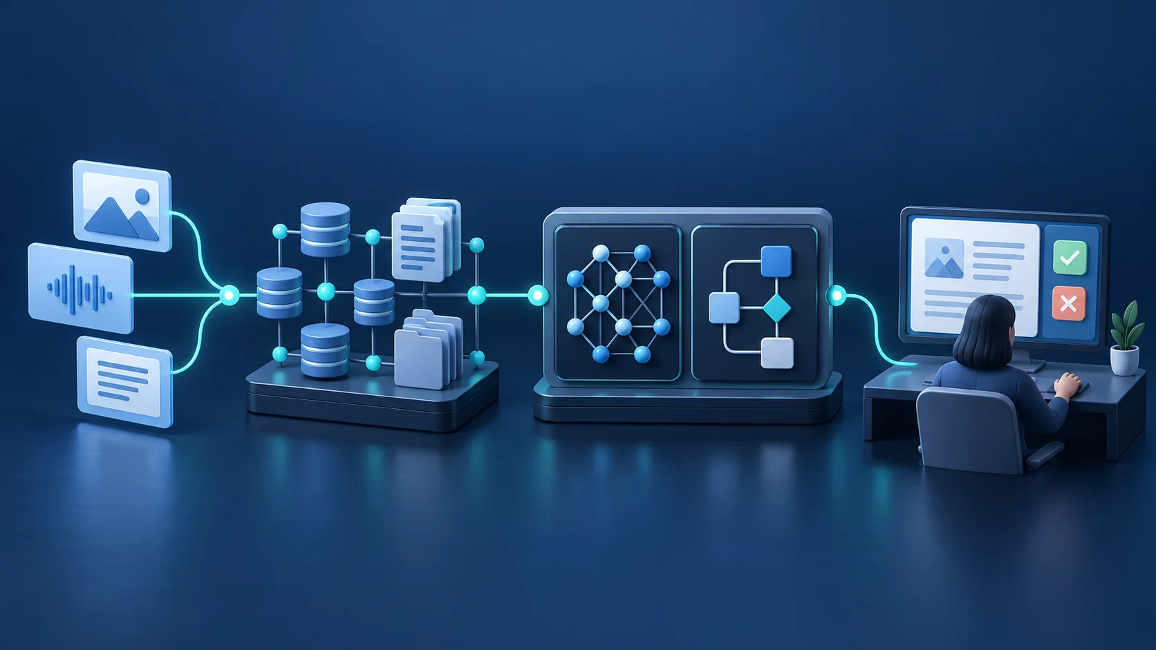 Illustration of input data, connected knowledge stores, model and rule modules, and a person reviewing an AI-assisted output.