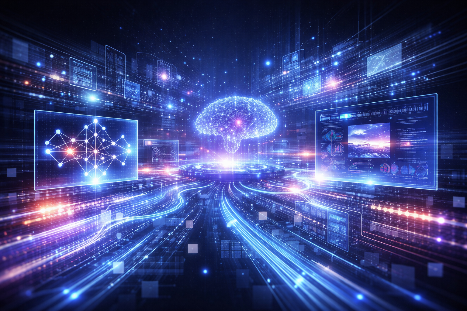 Modern artificial intelligence systems including generative AI and neural networks interconnected by data