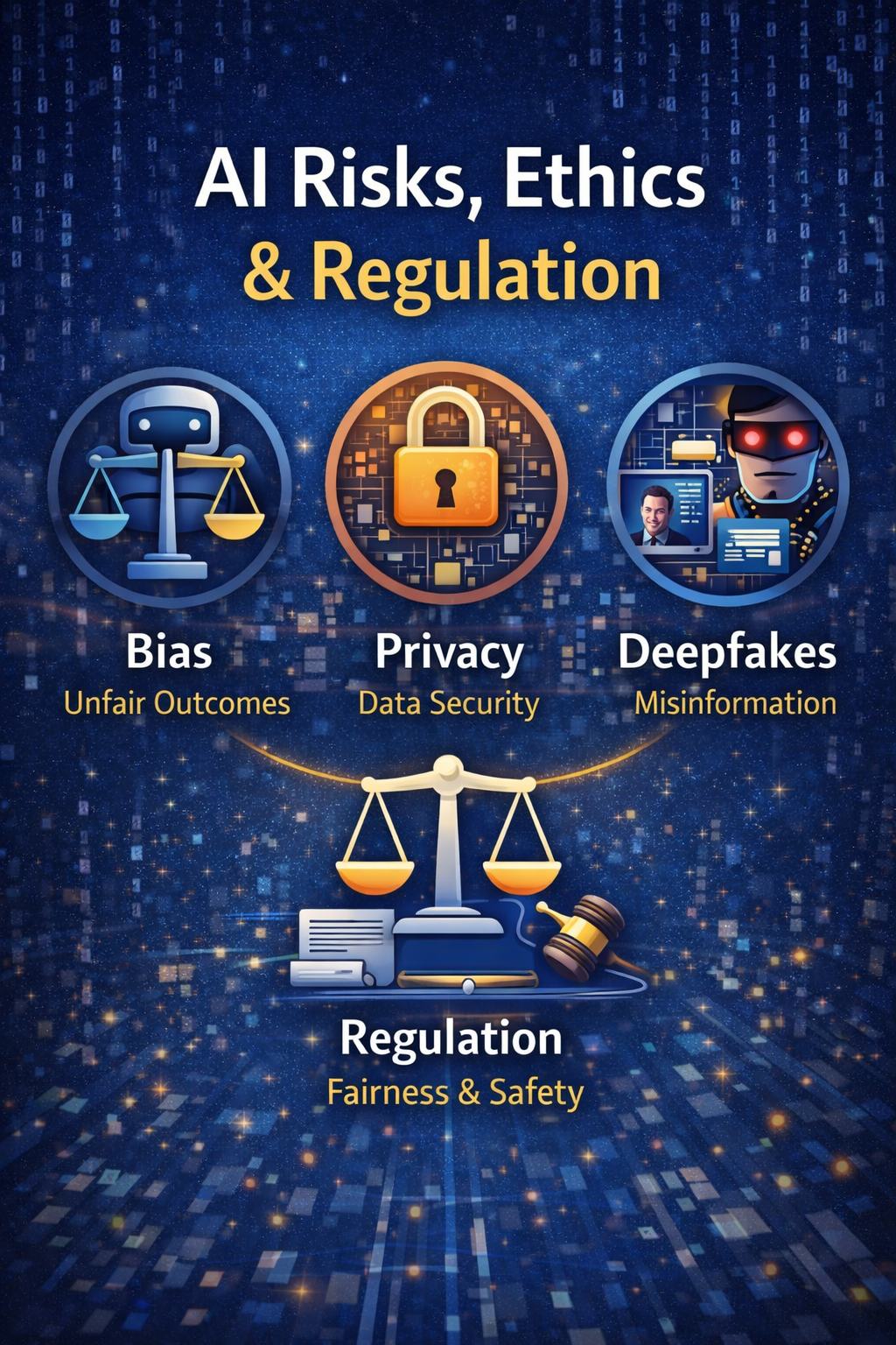Risks and ethical concerns of future AI including bias, privacy, and regulation
