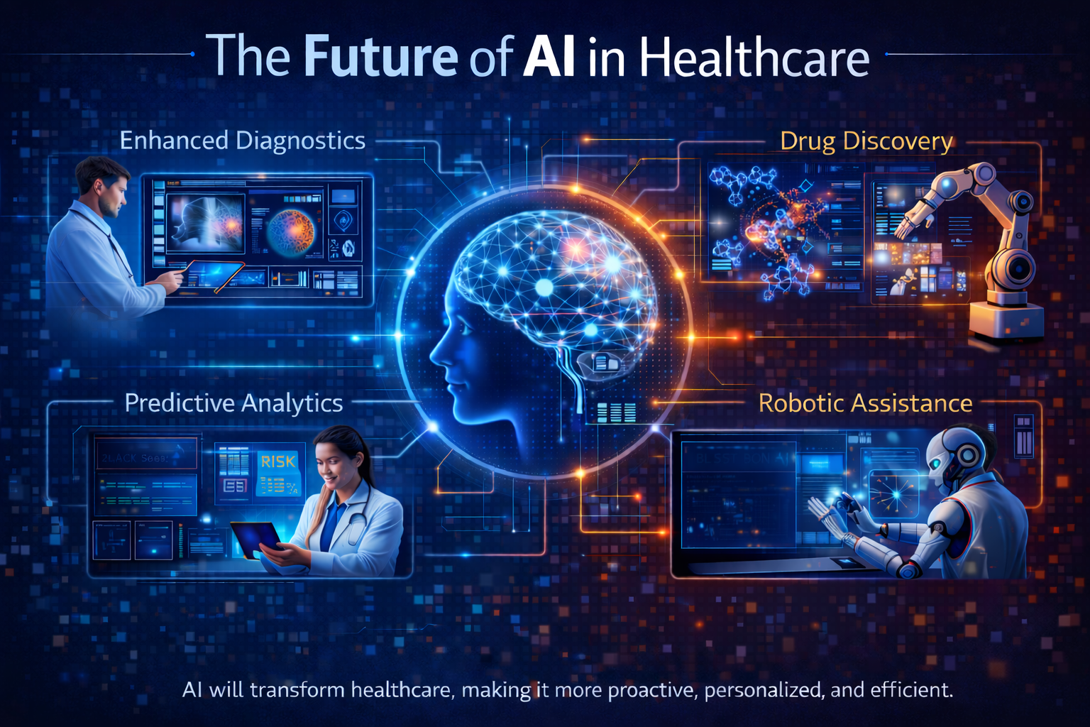 Future trends of artificial intelligence in healthcare including predictive care and hybrid AI systems
