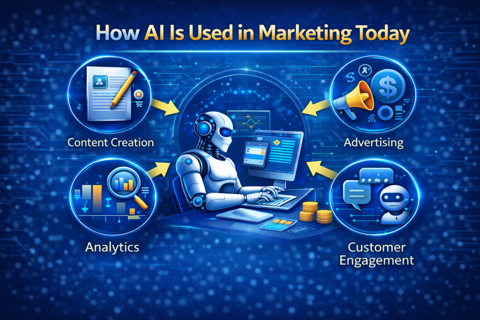 Common ways AI is used in marketing including personalization, automation, analytics, and customer insights