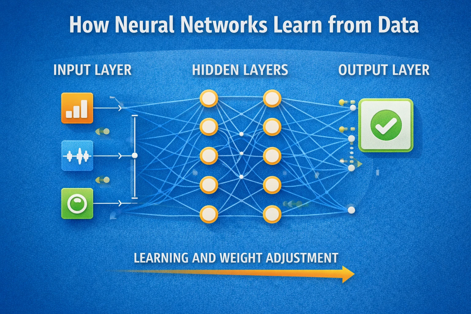 Simple diagram explaining how neural networks learn from data using layered connections
