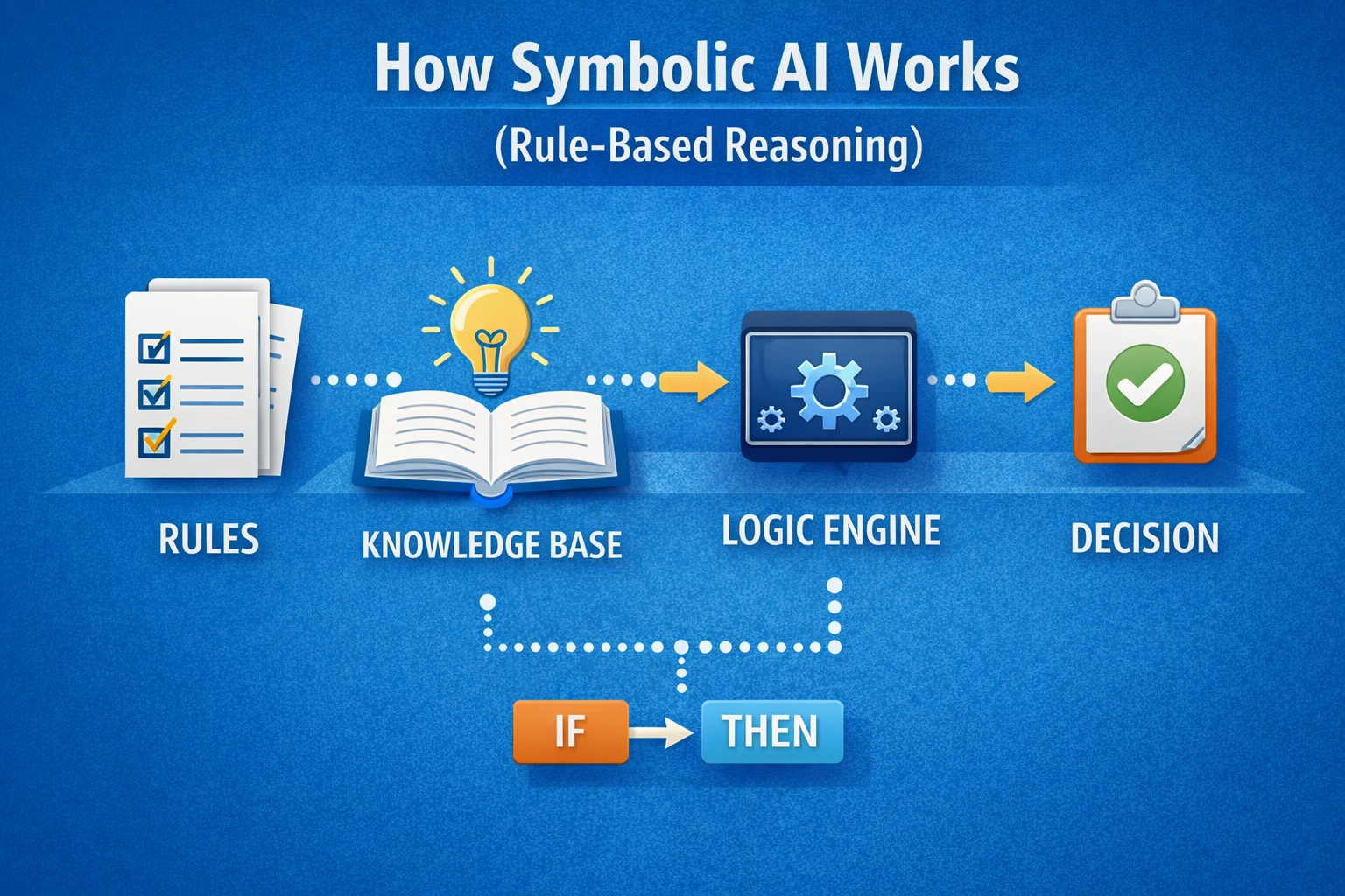 Diagram showing how symbolic AI works using rules, logic, and knowledge-based reasoning

