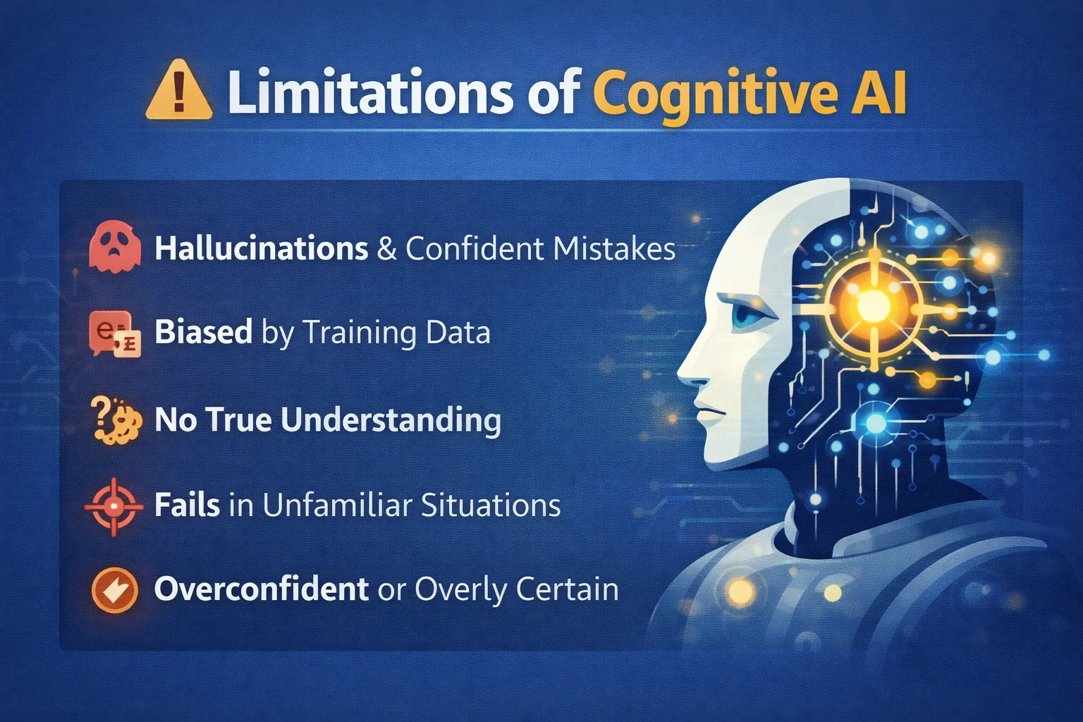 Illustration showing the limitations and risks of cognitive AI such as data dependency, bias, cost, and complexity.