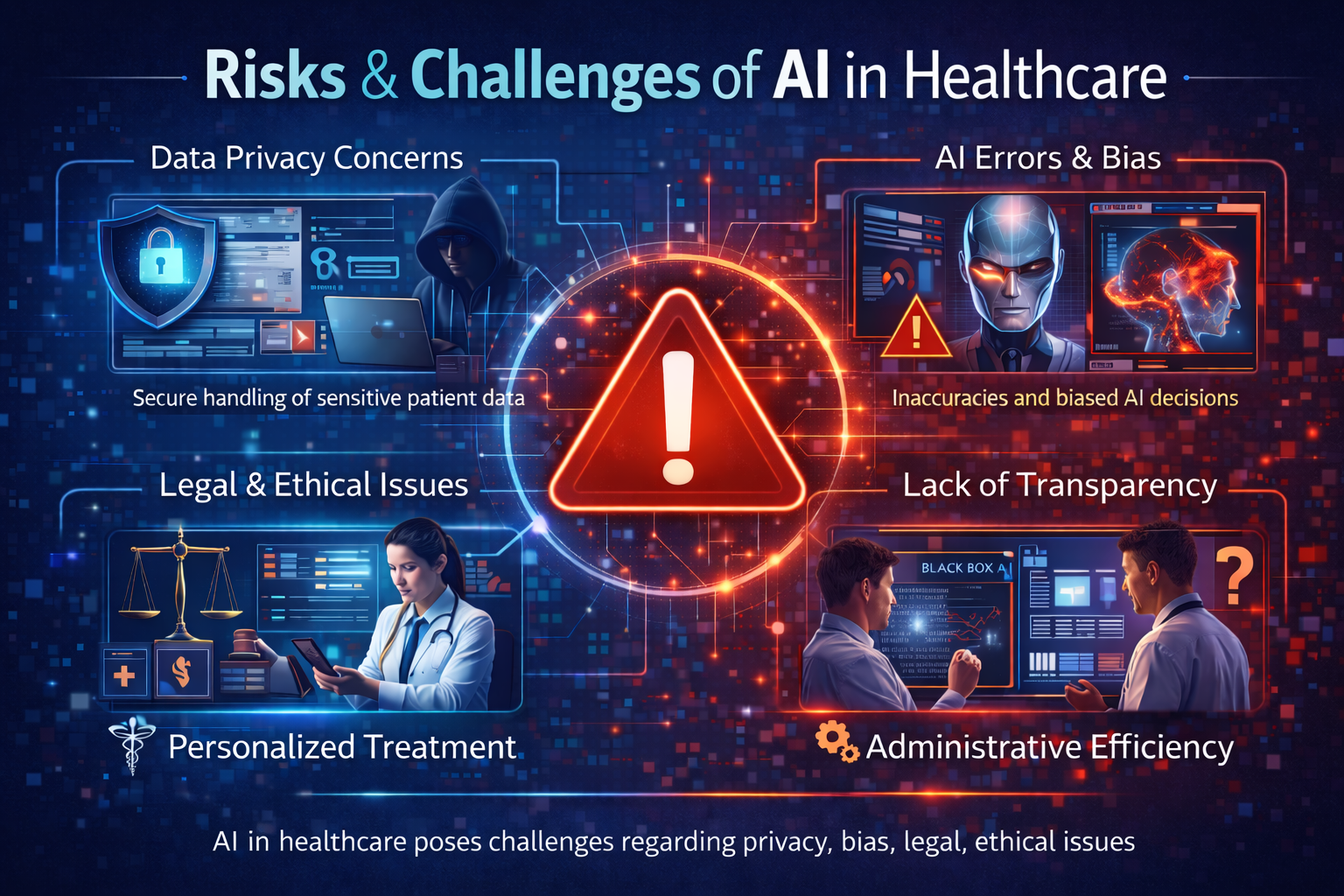 Risks and challenges of using artificial intelligence in healthcare including bias, privacy, and trust issues
