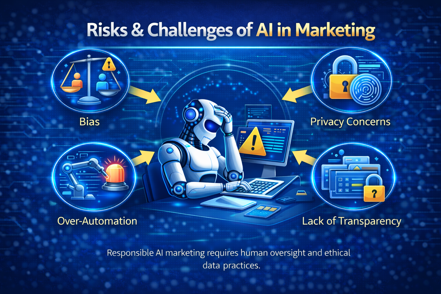 Risks of using AI in marketing including bias, privacy concerns, over-automation, and lack of transparency