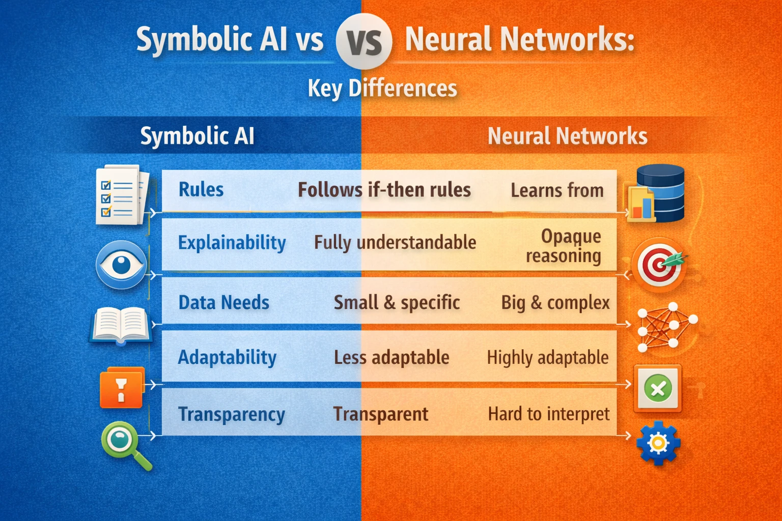 Comparison chart showing key differences between symbolic AI and neural networks
