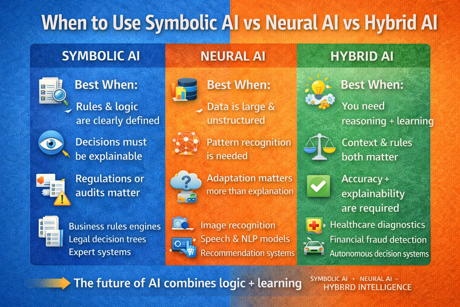 Beginner guide showing when to use symbolic AI, neural networks, or hybrid AI approaches