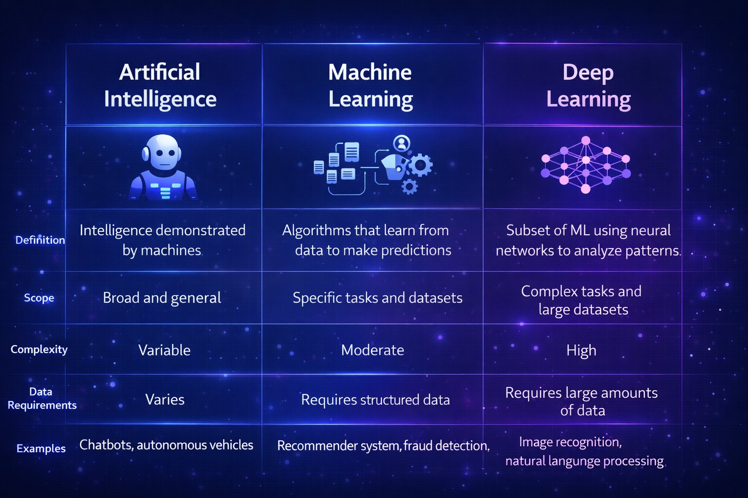 Comparison chart highlighting key differences between AI, machine learning, and deep learning.
