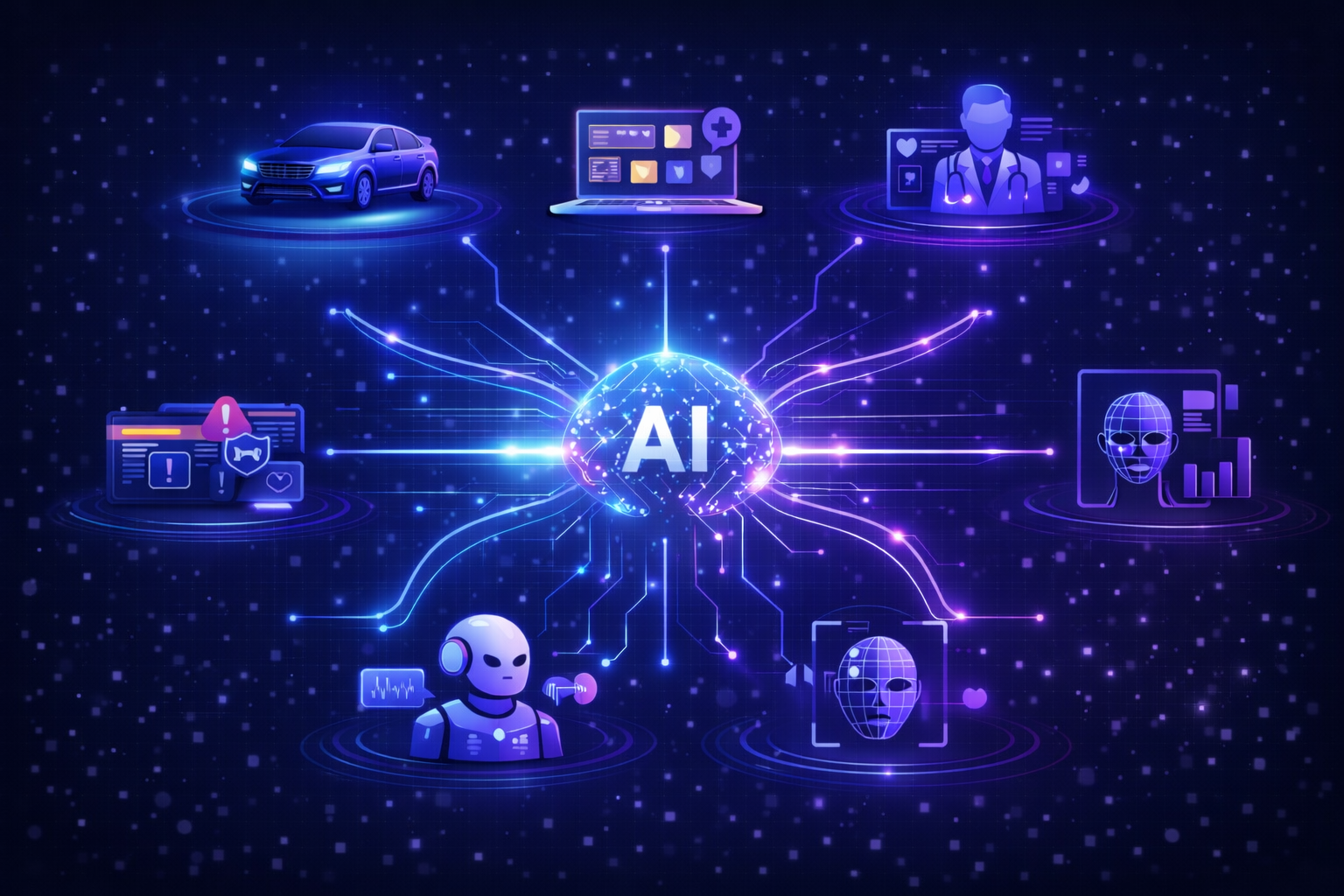 Infographic showing real-world applications of AI, machine learning, and deep learning technologies.
