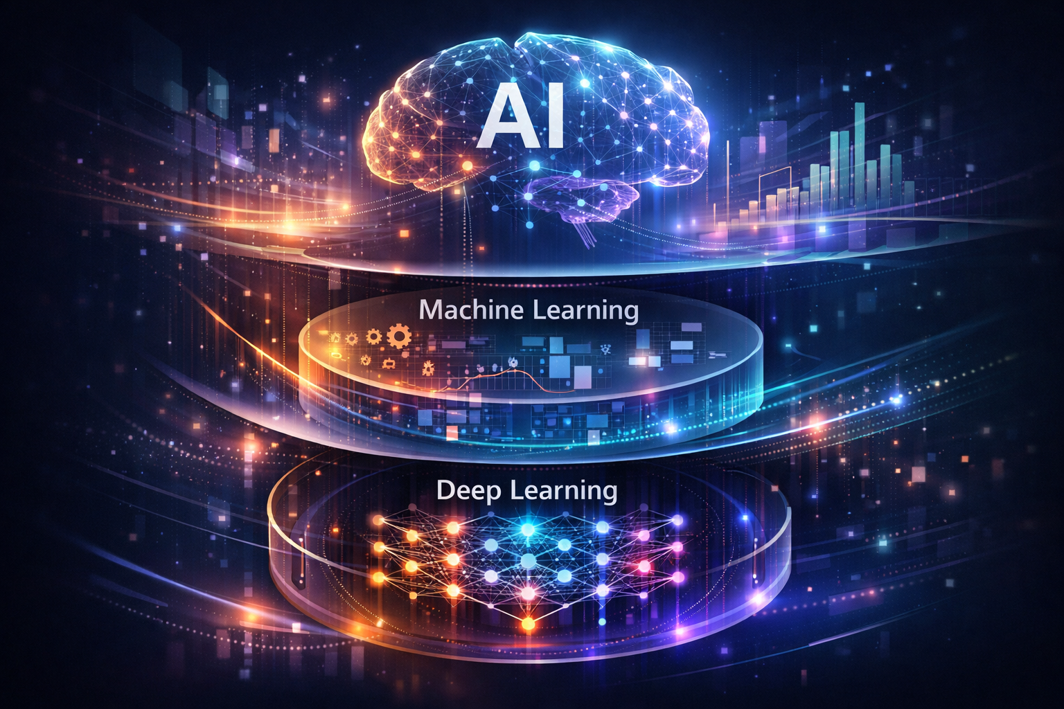 Illustration explaining the difference between artificial intelligence, machine learning, and deep learning