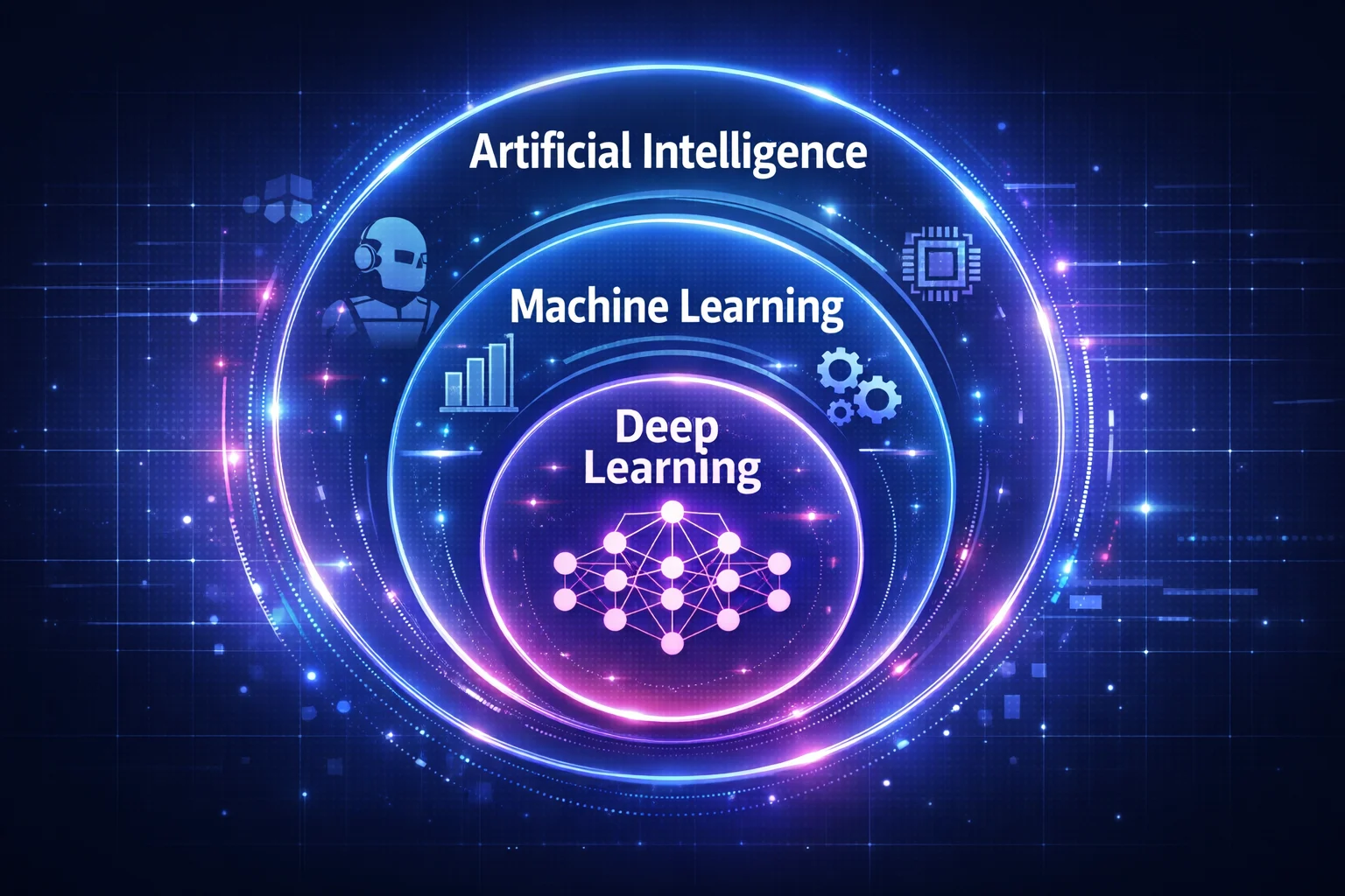 Nested comparison showing deep learning inside machine learning and machine learning inside artificial intelligence