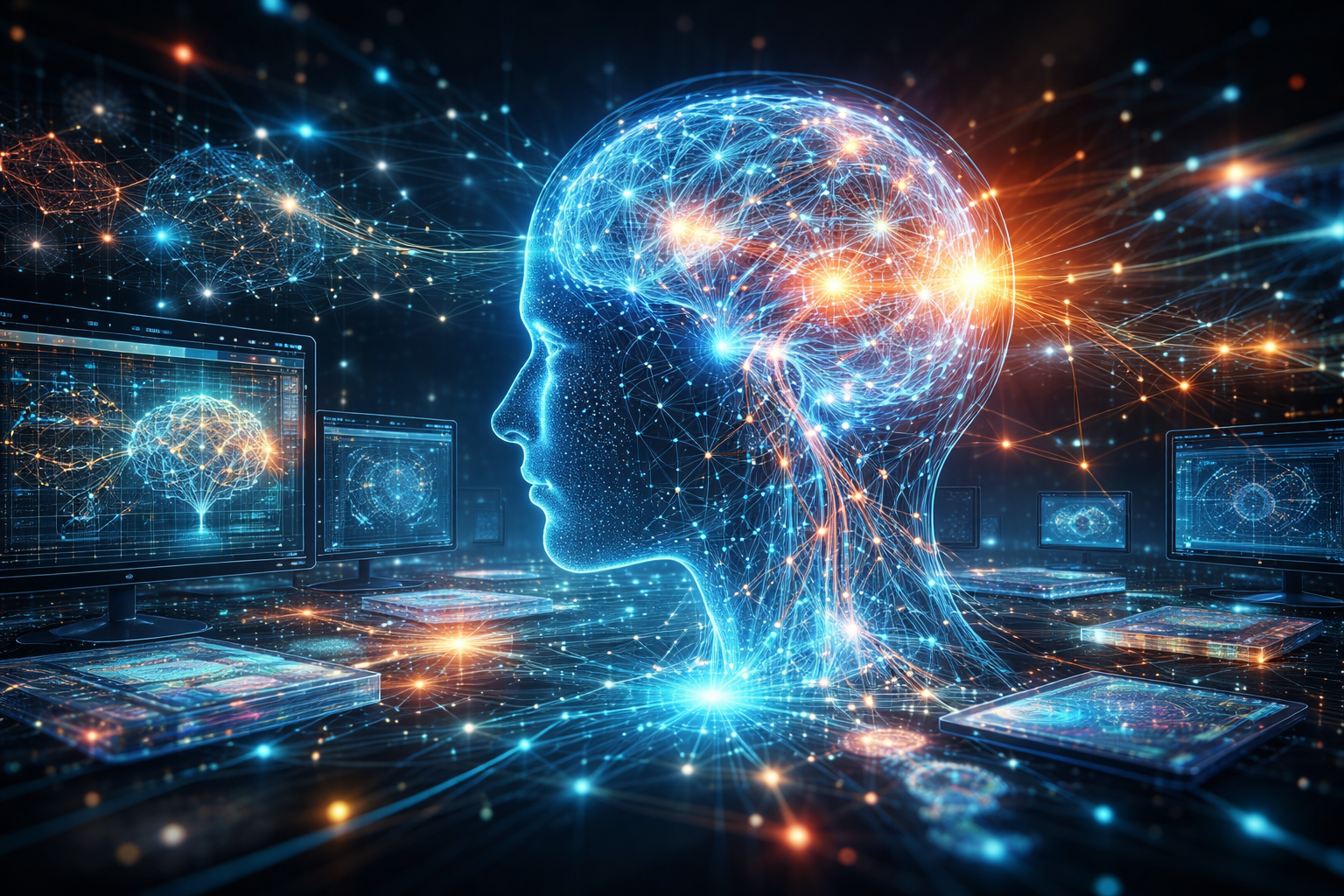 Artificial Intelligence Guide visual showing neural networks and intelligent data systems